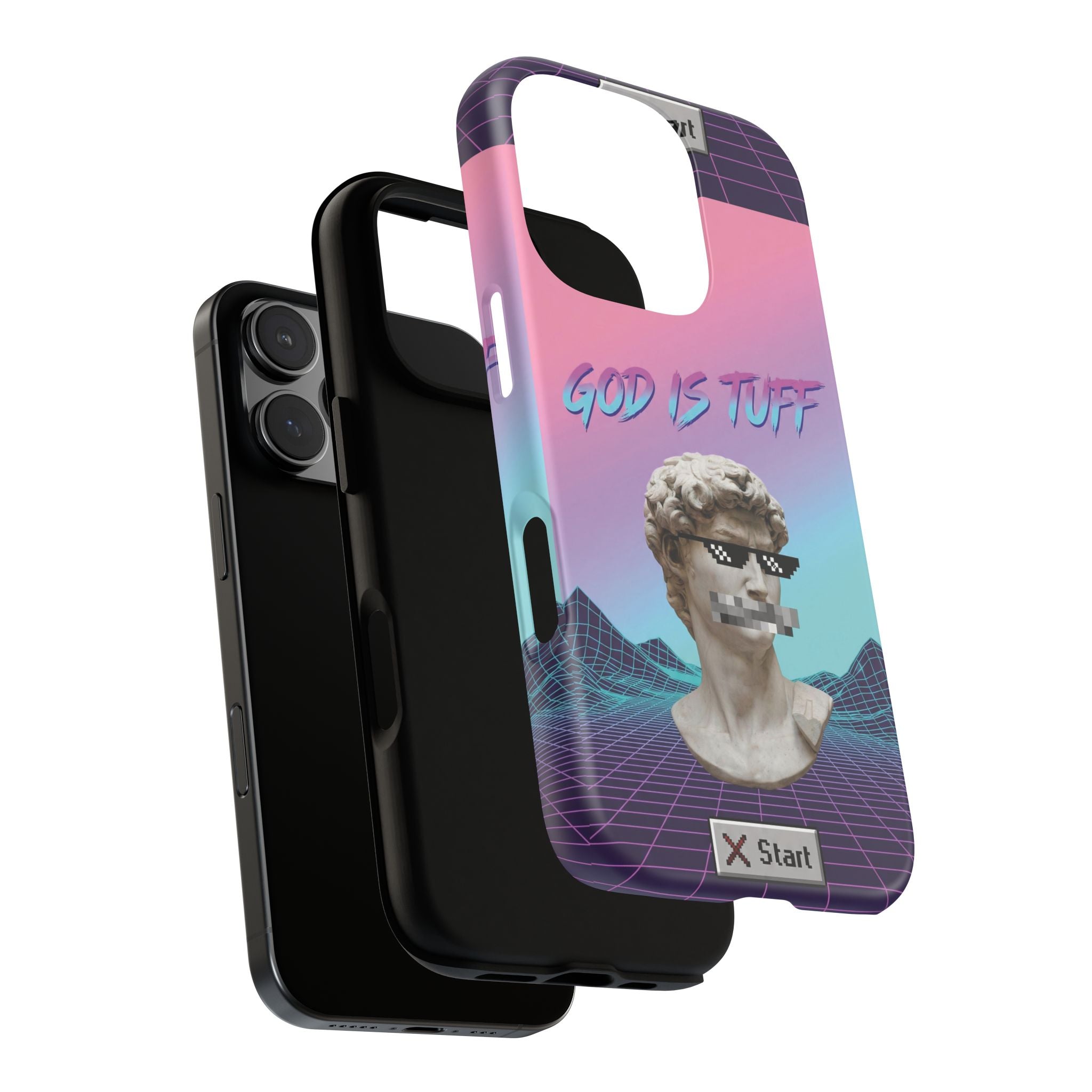 God is Tuff" Vaporwave Christian Phone Case | Aesthetic Statue with Pixel Shades, Retro 80s 90s Synthwave Grid, Gen Z Faith Gift