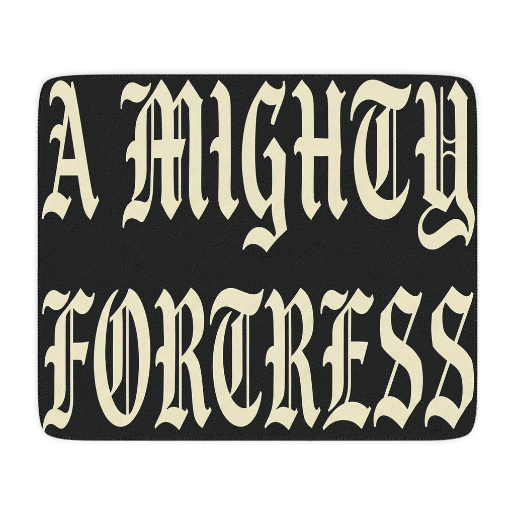 A Mighty Fortress Sherpa Blanket | Tan Plush Throw, Gothic Text Design