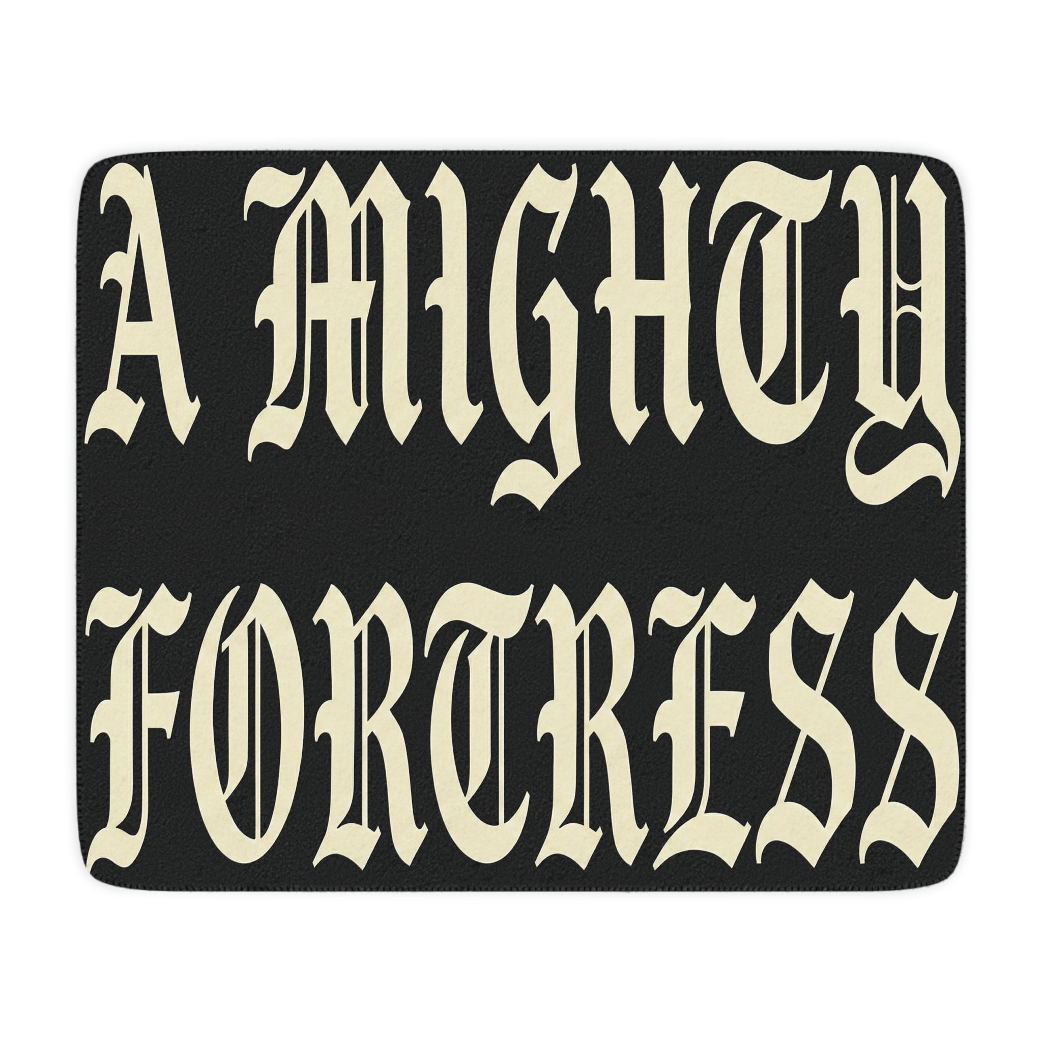A Mighty Fortress Sherpa Blanket | Tan Plush Throw, Gothic Text Design