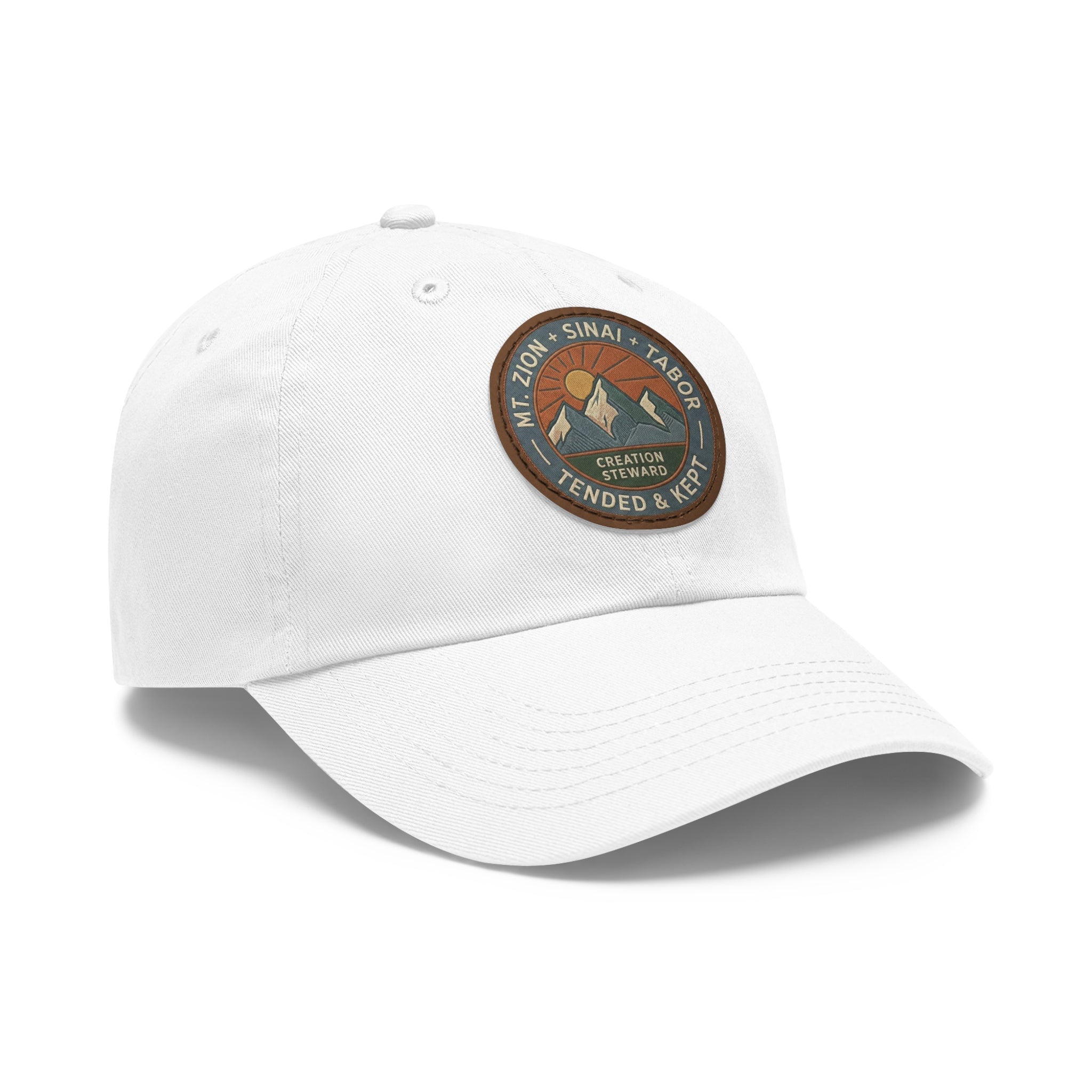 Leather Patch Dad Hat, Christian Mountain Cap, Genesis 2 15 Tended and Kept, Creation Care Outdoor Hat, Gift For Him