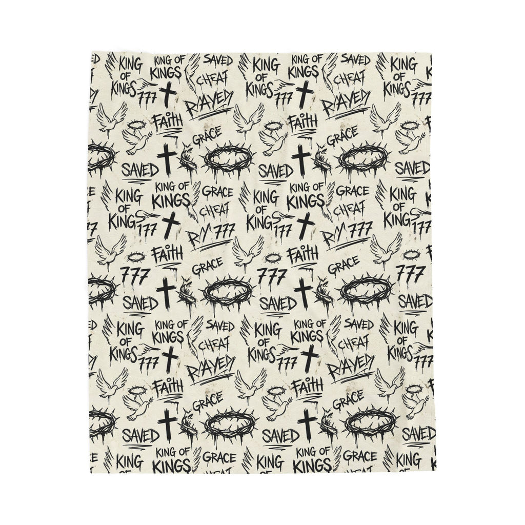 Christian Graffiti Blanket, Faith Word Throw Blanket, Black White Velveteen Plush Blanket, Christian Room Decor, Saved Grace King of Kings