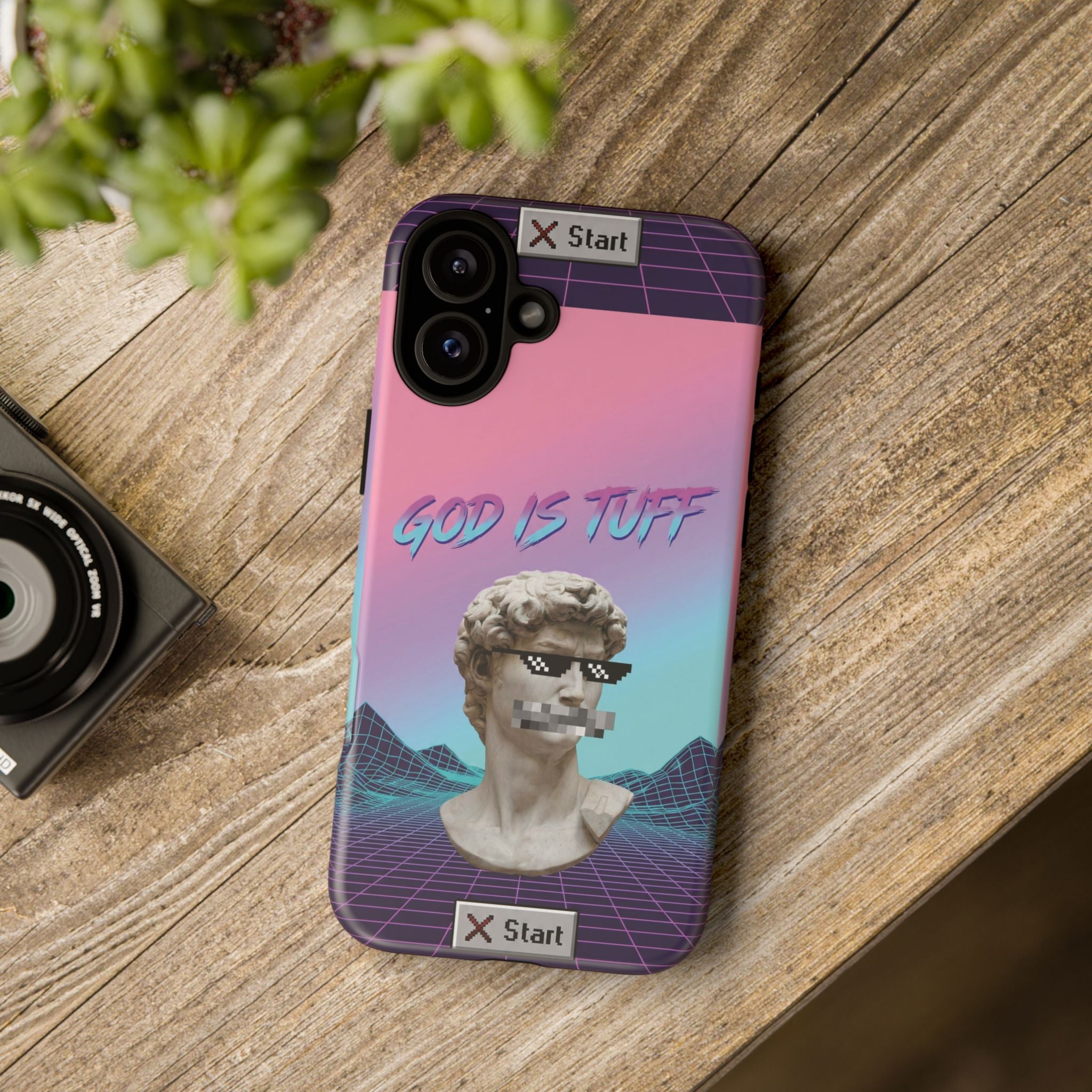 God is Tuff" Vaporwave Christian Phone Case | Aesthetic Statue with Pixel Shades, Retro 80s 90s Synthwave Grid, Gen Z Faith Gift
