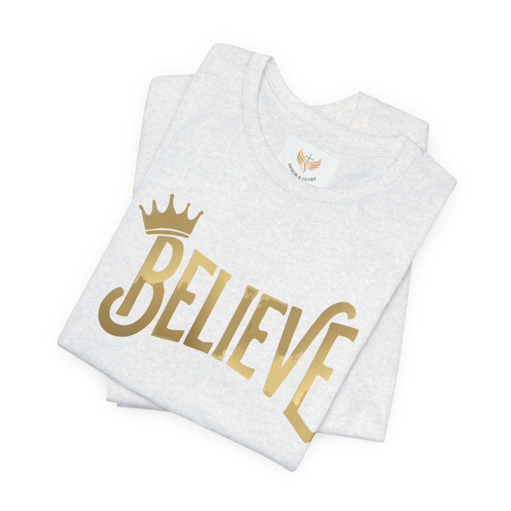 Believe Crown Christian Shirt with hand lettered BELIEVE and a small crown. A soft unisex jersey tee that keeps faith simple, modern, and wearable. Perfect as an encouragement gift or an everyday reminder to keep trusting God.
