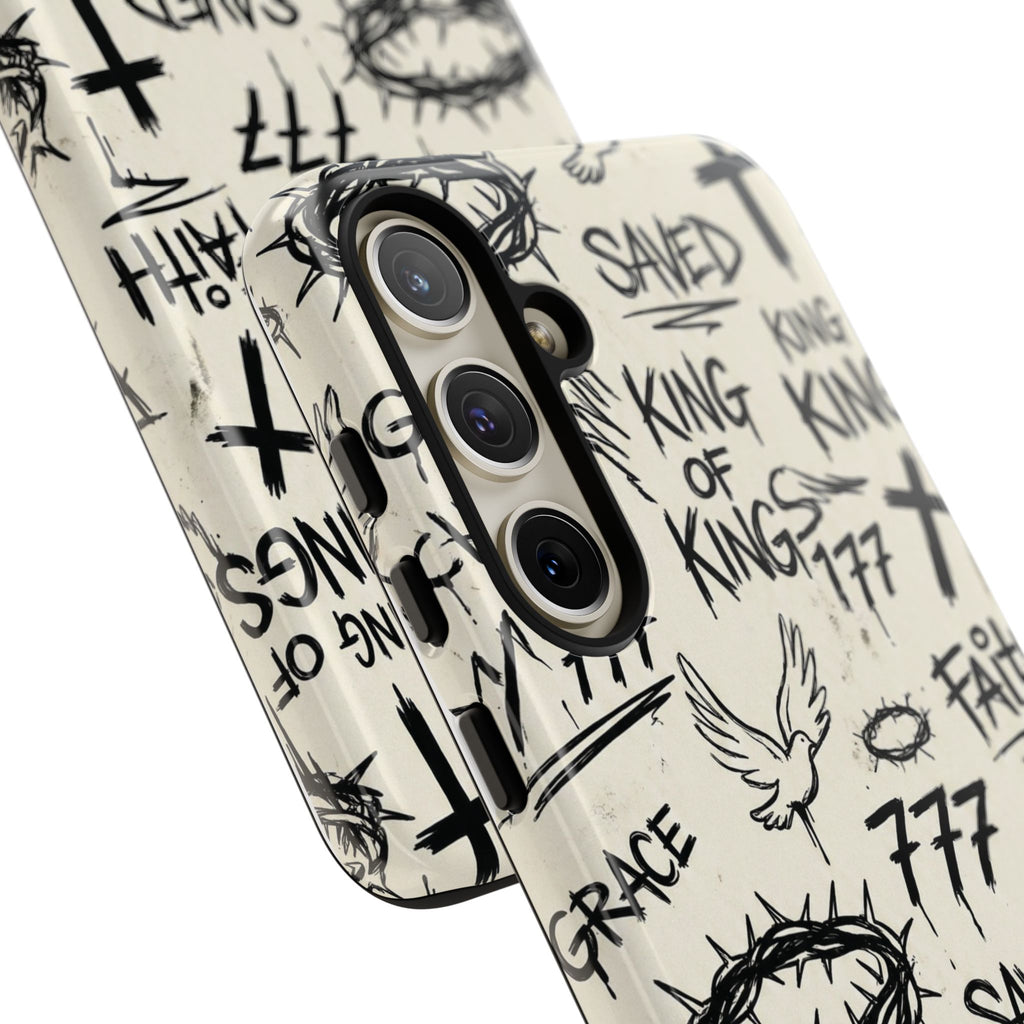 Christian Graffiti Phone Case | "Saved" & "King of Kings" Doodle Art, Urban Streetwear Faith Cover, Modern Religious Sketch Design