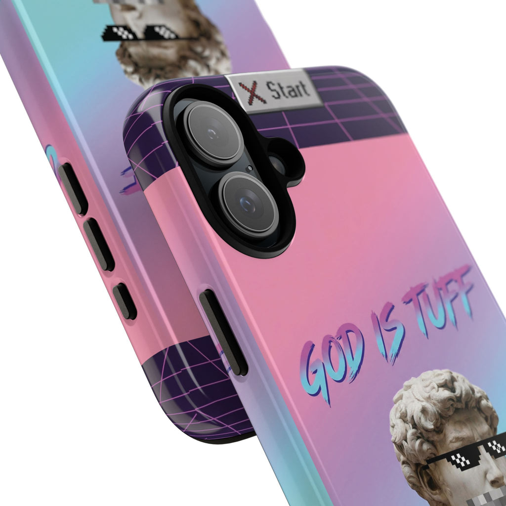 God is Tuff" Vaporwave Christian Phone Case | Aesthetic Statue with Pixel Shades, Retro 80s 90s Synthwave Grid, Gen Z Faith Gift