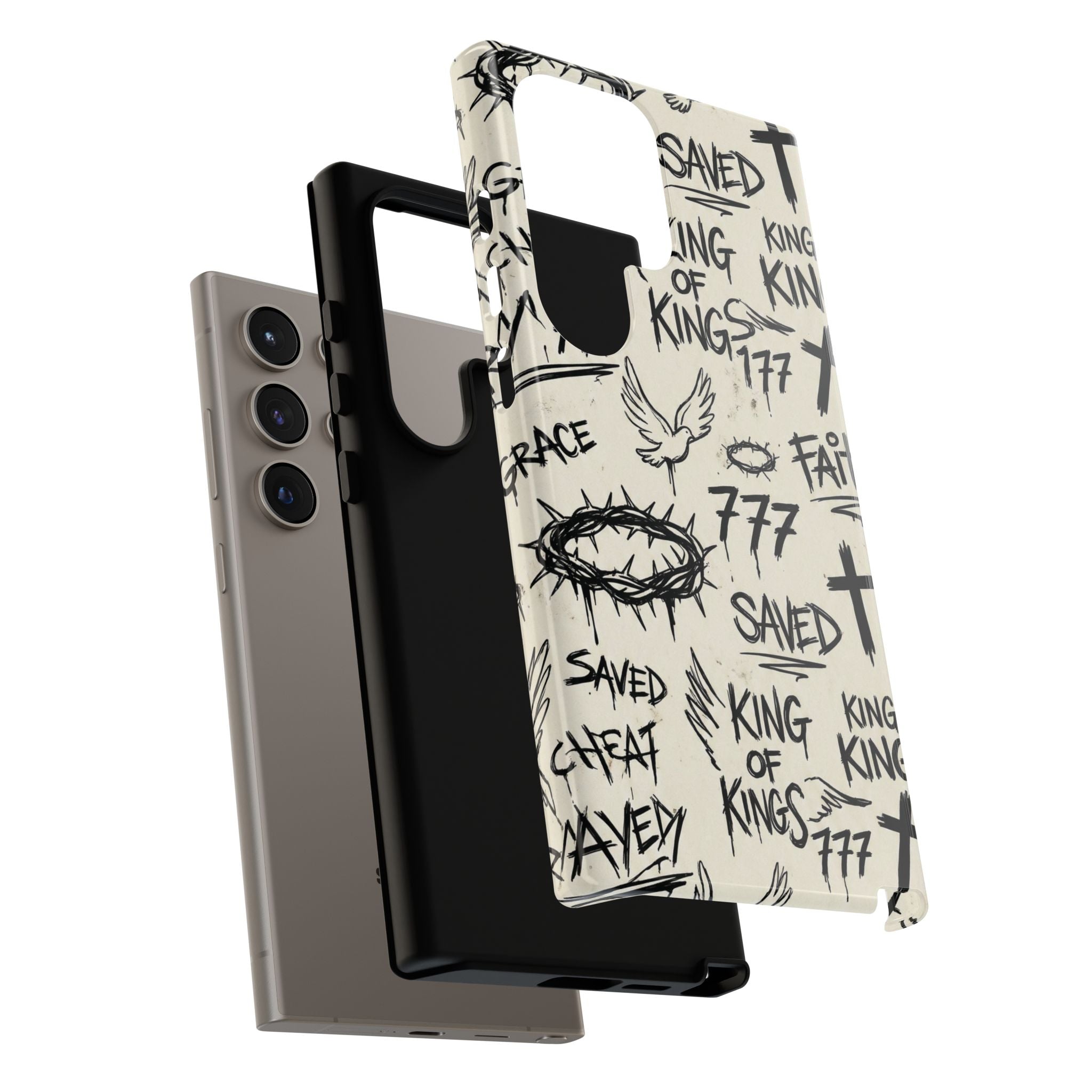 Christian Graffiti Phone Case | "Saved" & "King of Kings" Doodle Art, Urban Streetwear Faith Cover, Modern Religious Sketch Design