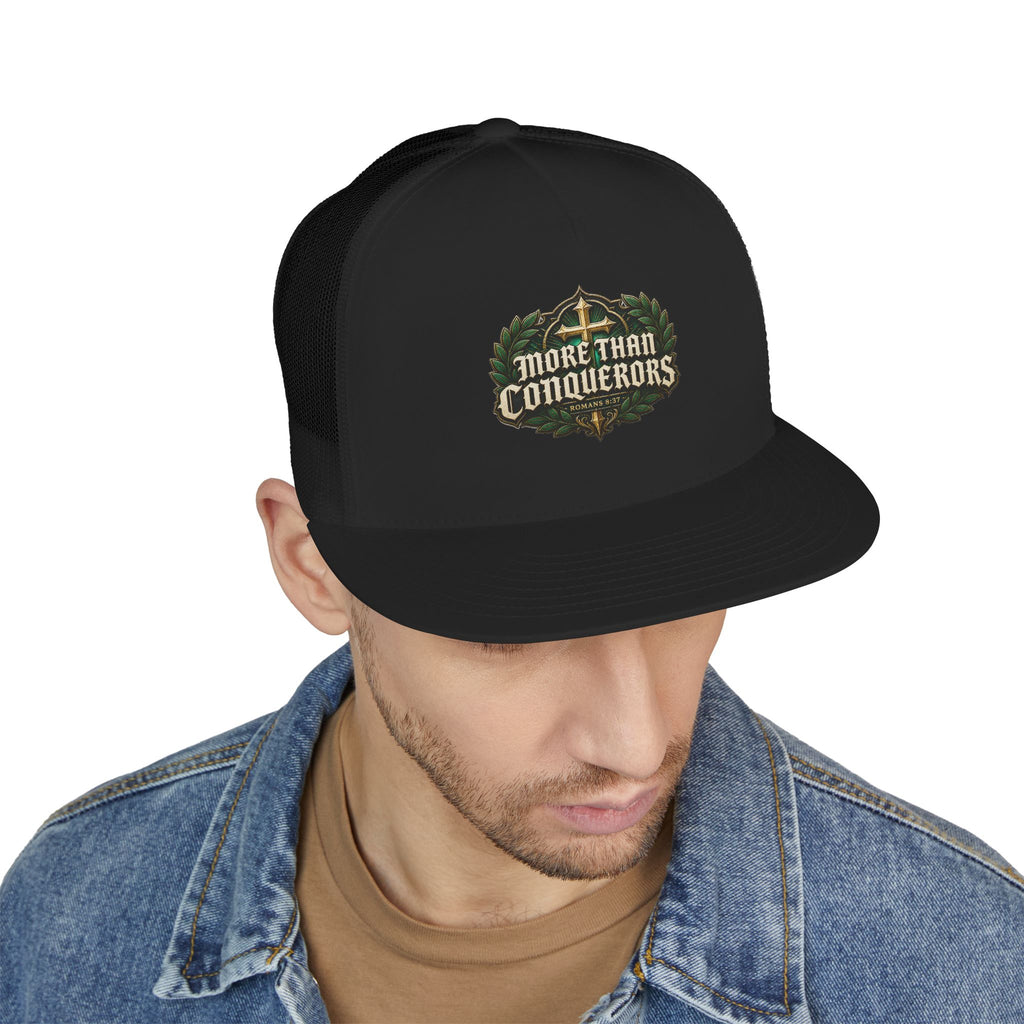 MORE THAN CONQUERORS Printed Christian 5-Panel Trucker Cap