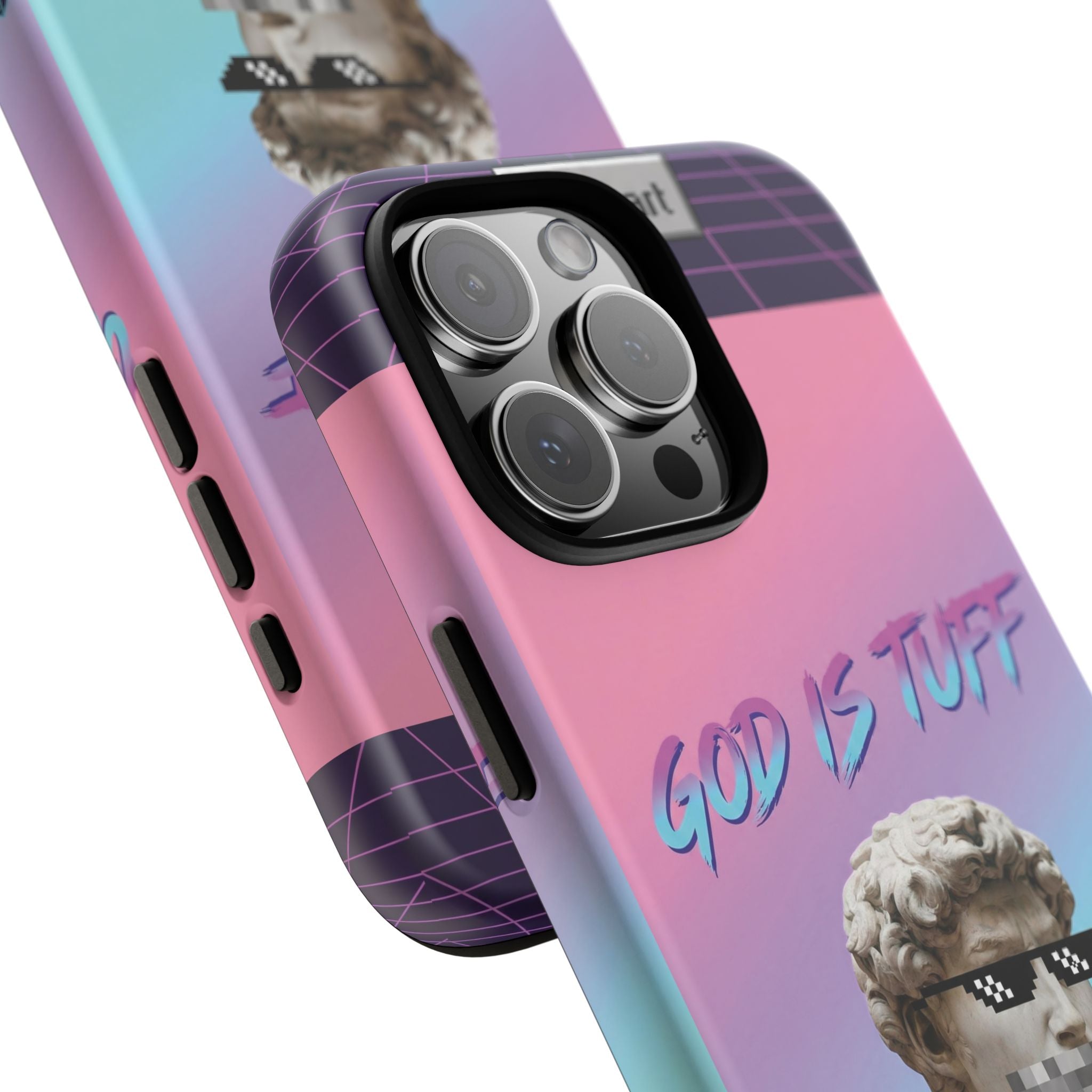 God is Tuff" Vaporwave Christian Phone Case | Aesthetic Statue with Pixel Shades, Retro 80s 90s Synthwave Grid, Gen Z Faith Gift