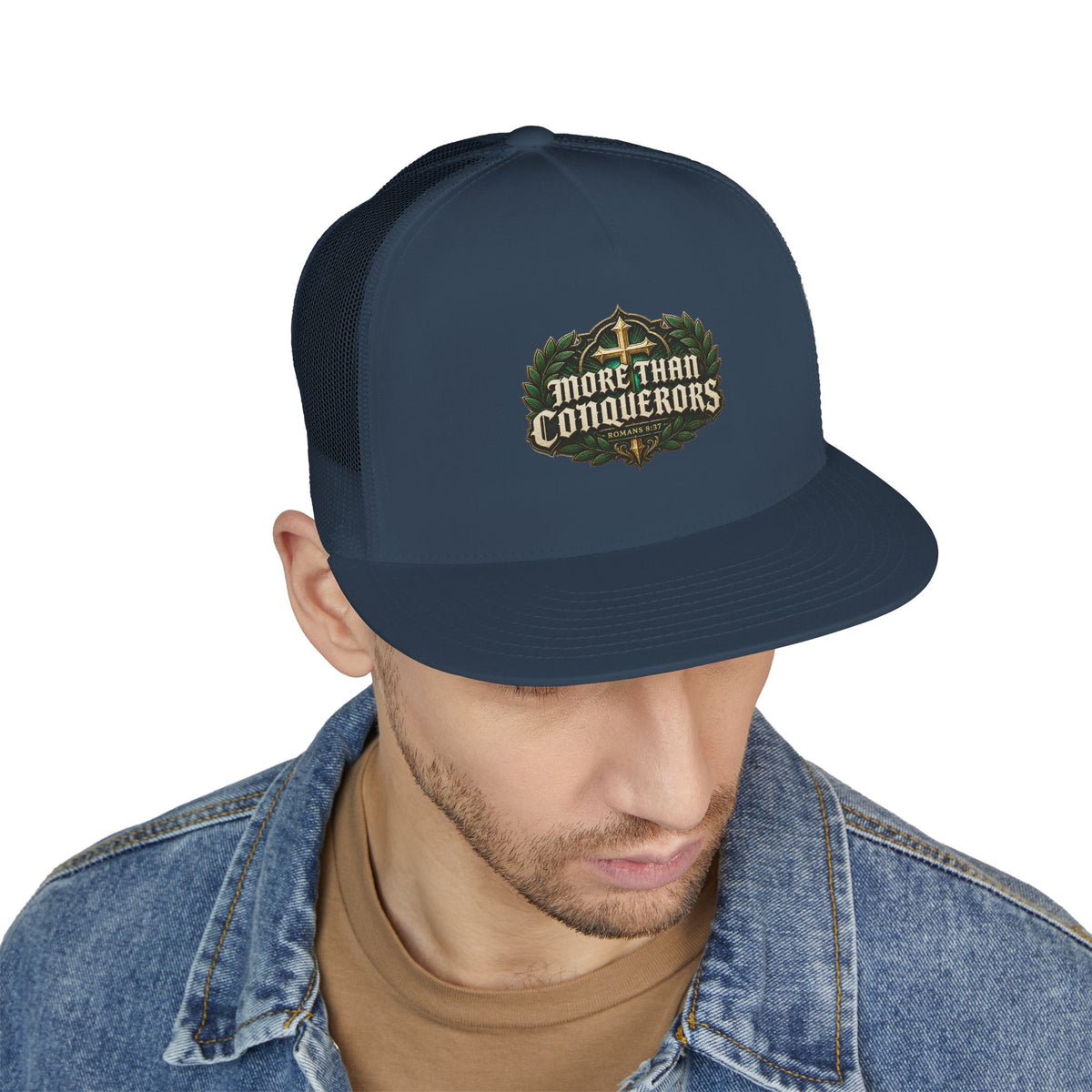 MORE THAN CONQUERORS Printed Christian 5-Panel Trucker Cap