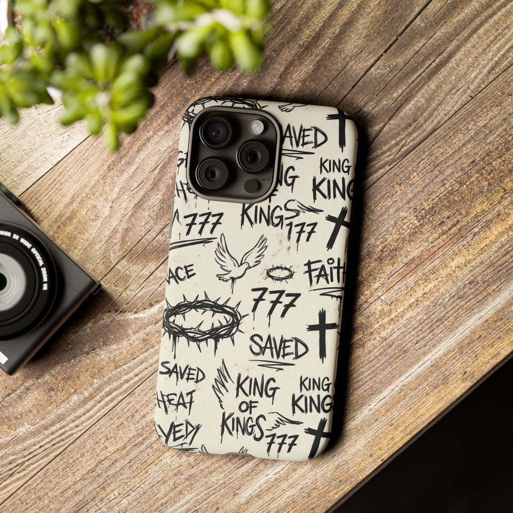 Christian Graffiti Phone Case | "Saved" & "King of Kings" Doodle Art, Urban Streetwear Faith Cover, Modern Religious Sketch Design