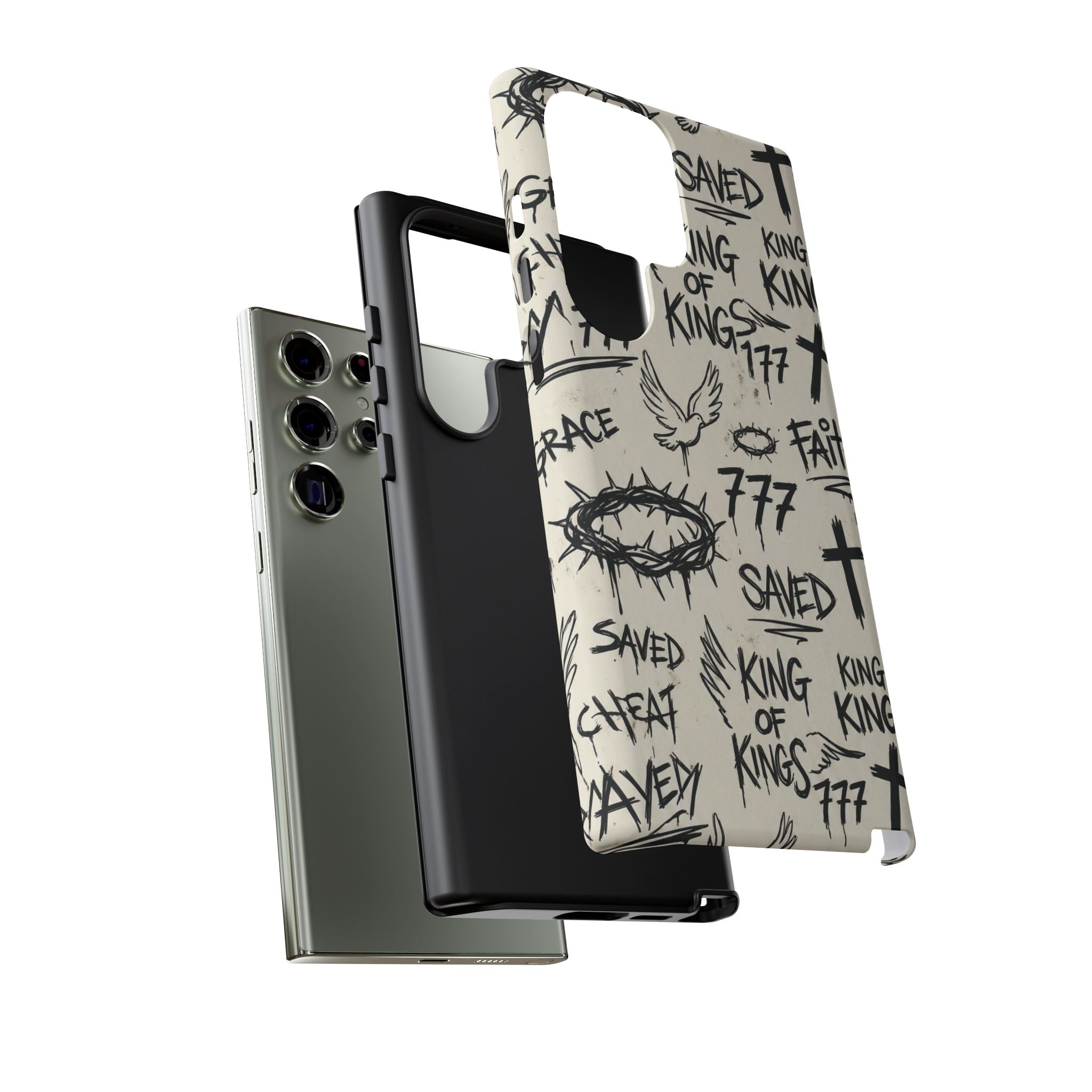Christian Graffiti Phone Case | "Saved" & "King of Kings" Doodle Art, Urban Streetwear Faith Cover, Modern Religious Sketch Design