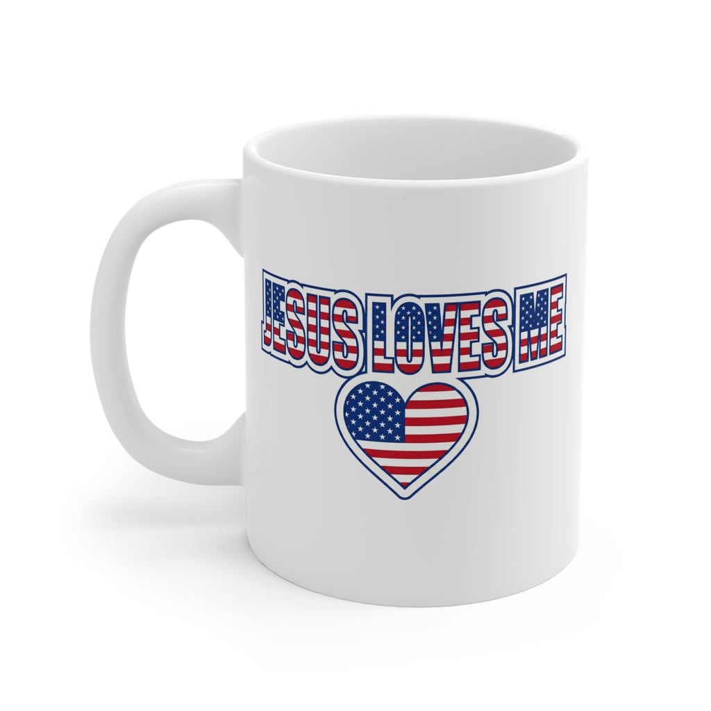 Jesus Loves Me mug | American flag heart, patriotic Christian design