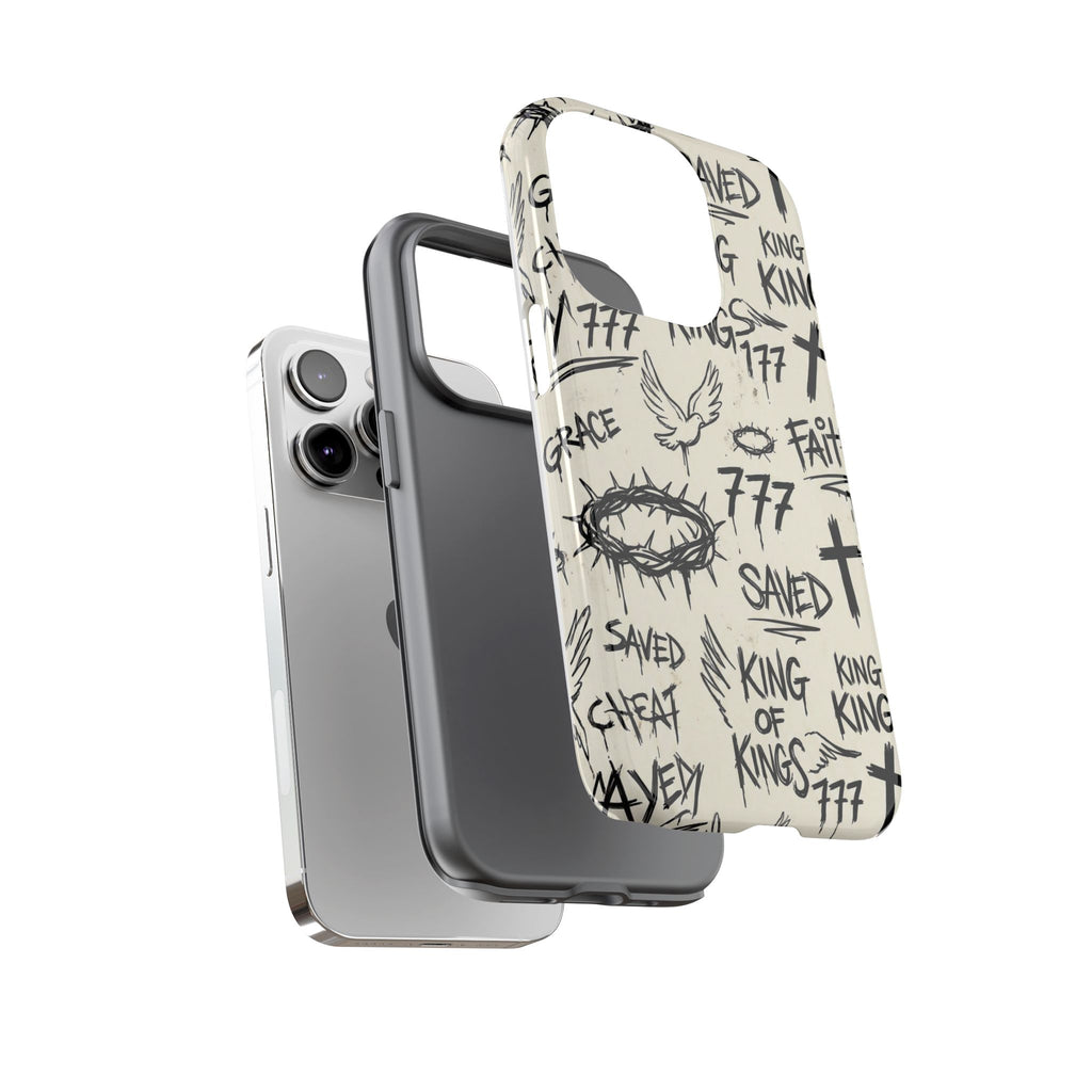 Christian Graffiti Phone Case | "Saved" & "King of Kings" Doodle Art, Urban Streetwear Faith Cover, Modern Religious Sketch Design