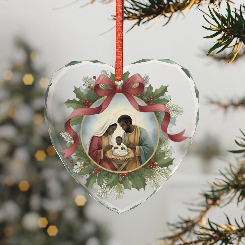 African American Nativity Ornament Heart Glass | Holy Family Christmas Decor | Black Holy Family Keepsake | Christian Christmas Gift