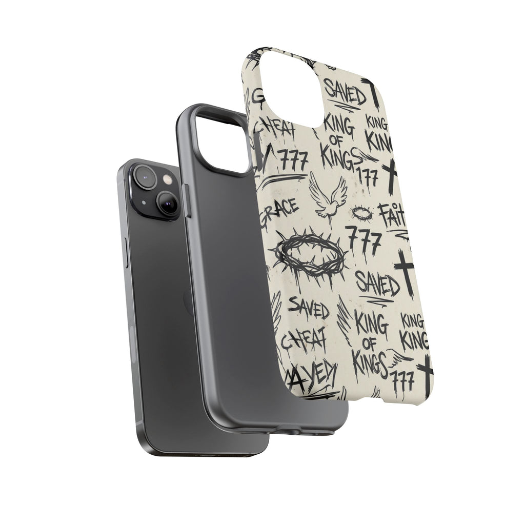 Christian Graffiti Phone Case | "Saved" & "King of Kings" Doodle Art, Urban Streetwear Faith Cover, Modern Religious Sketch Design