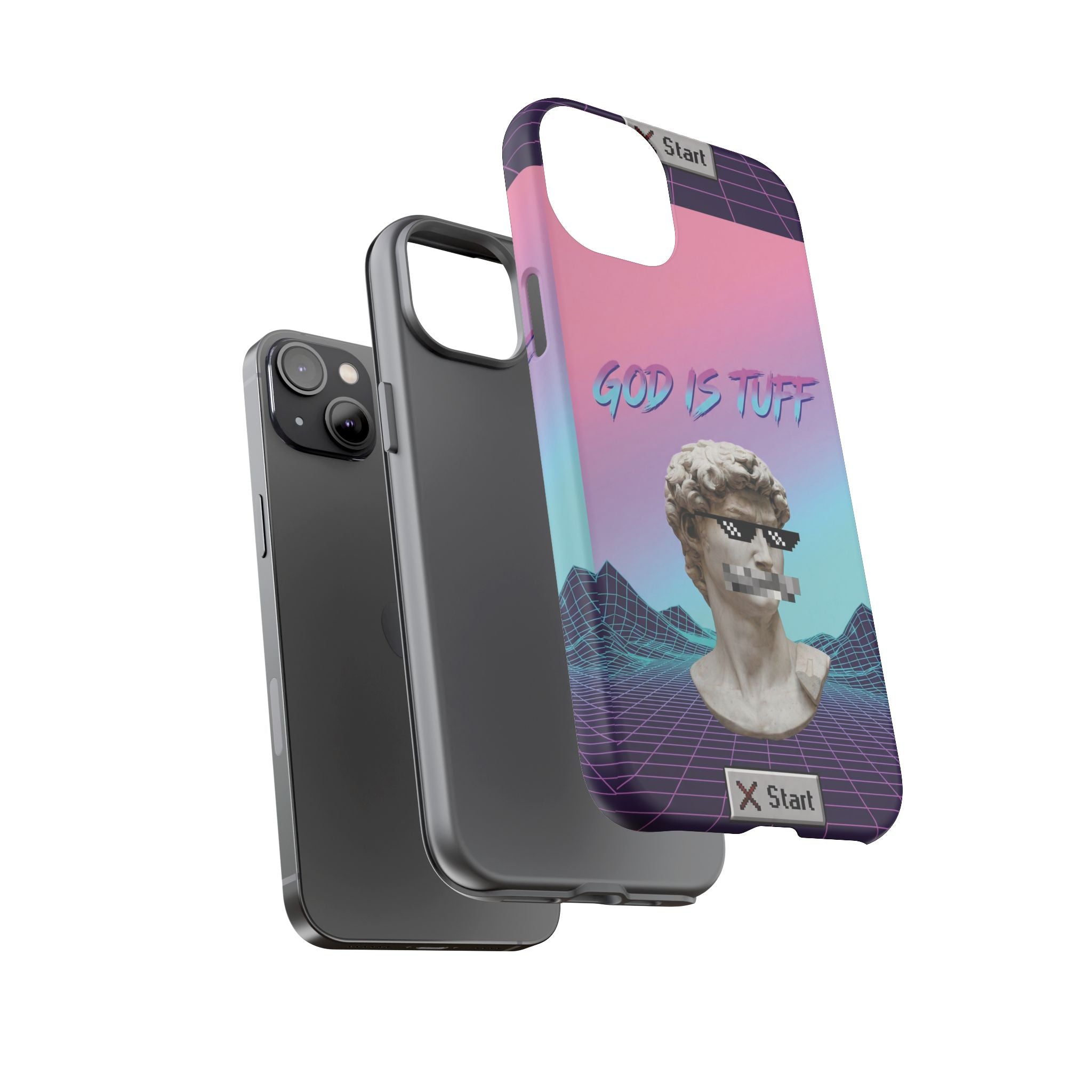 God is Tuff" Vaporwave Christian Phone Case | Aesthetic Statue with Pixel Shades, Retro 80s 90s Synthwave Grid, Gen Z Faith Gift