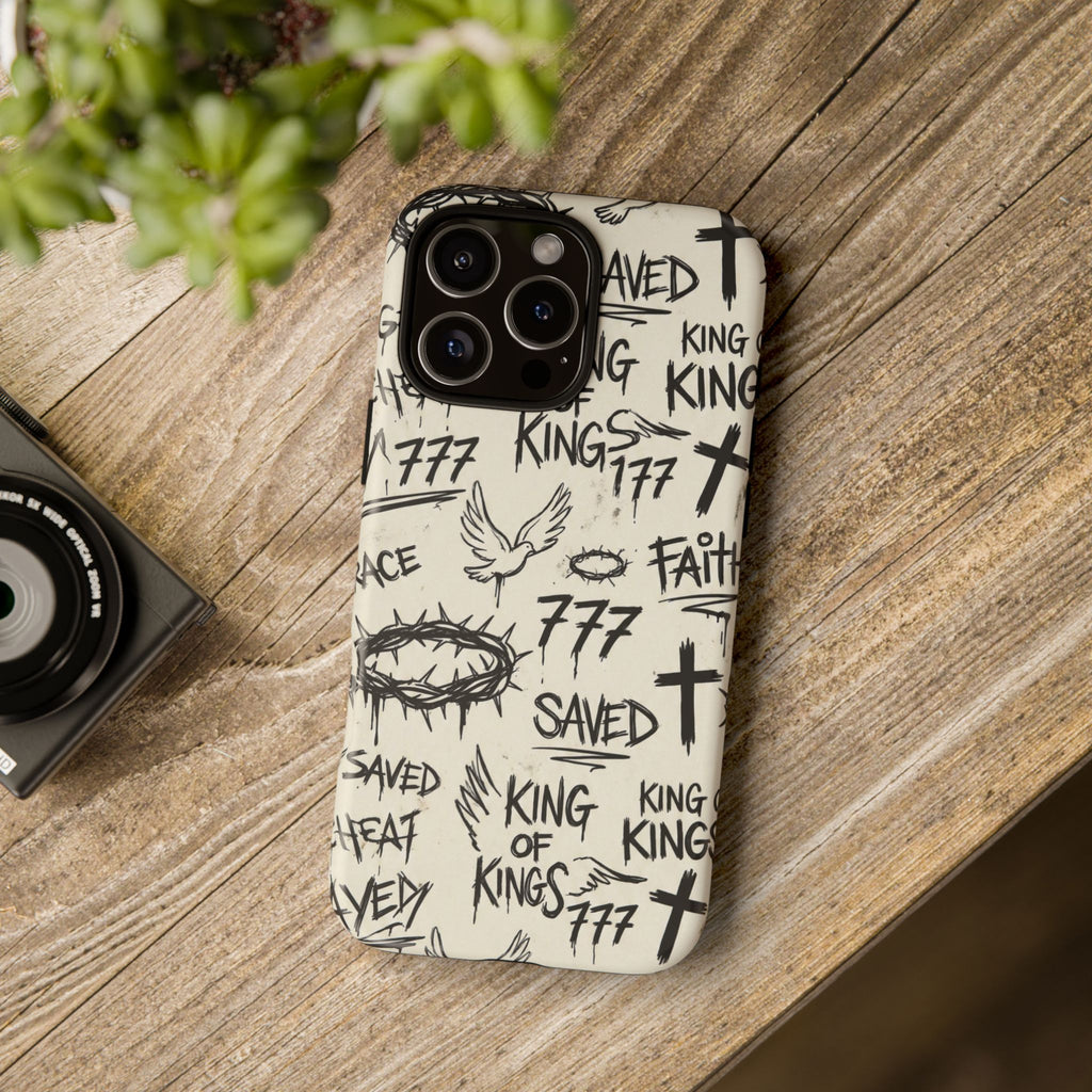 Christian Graffiti Phone Case | "Saved" & "King of Kings" Doodle Art, Urban Streetwear Faith Cover, Modern Religious Sketch Design