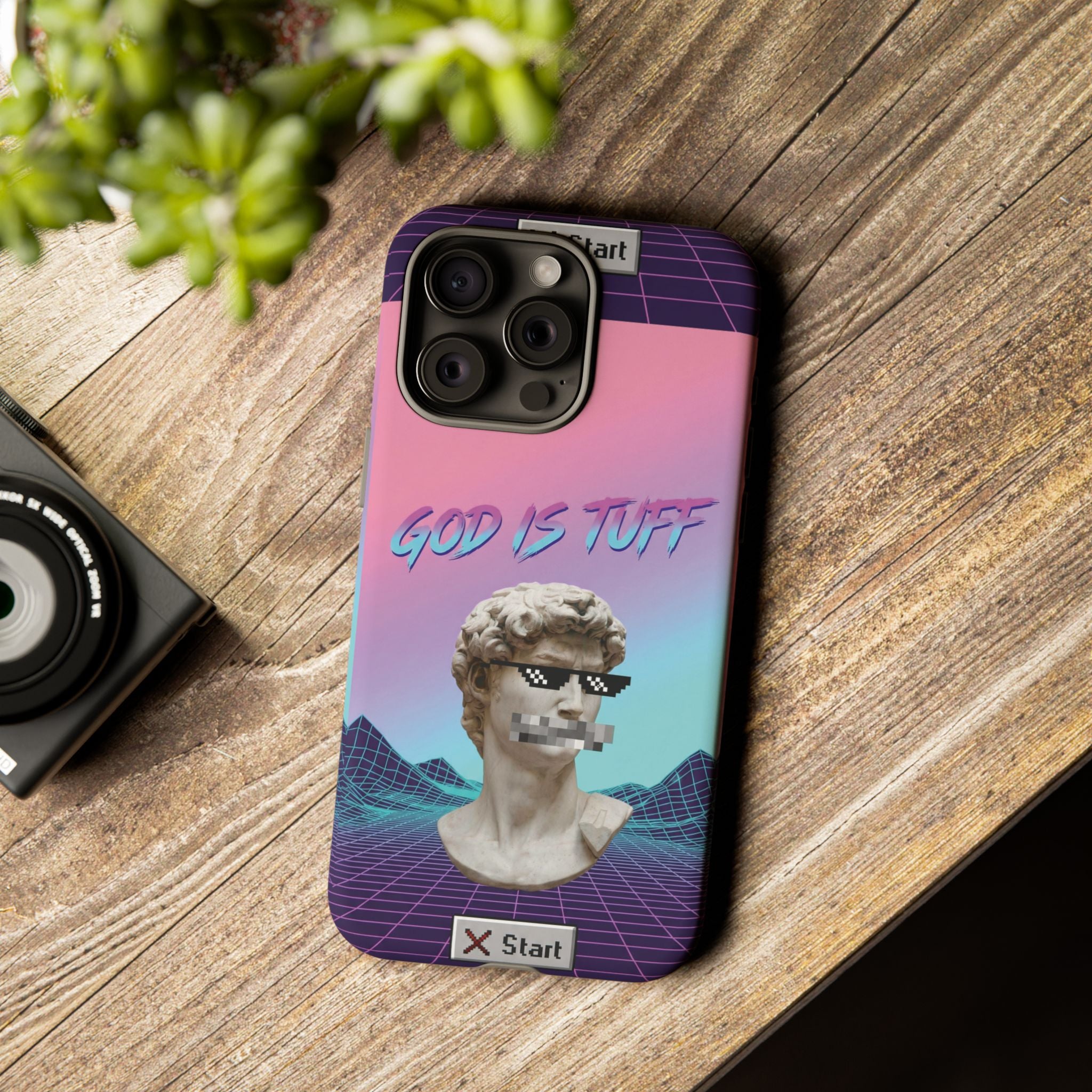 God is Tuff" Vaporwave Christian Phone Case | Aesthetic Statue with Pixel Shades, Retro 80s 90s Synthwave Grid, Gen Z Faith Gift