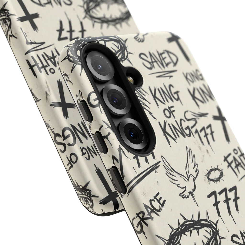 Christian Graffiti Phone Case | "Saved" & "King of Kings" Doodle Art, Urban Streetwear Faith Cover, Modern Religious Sketch Design