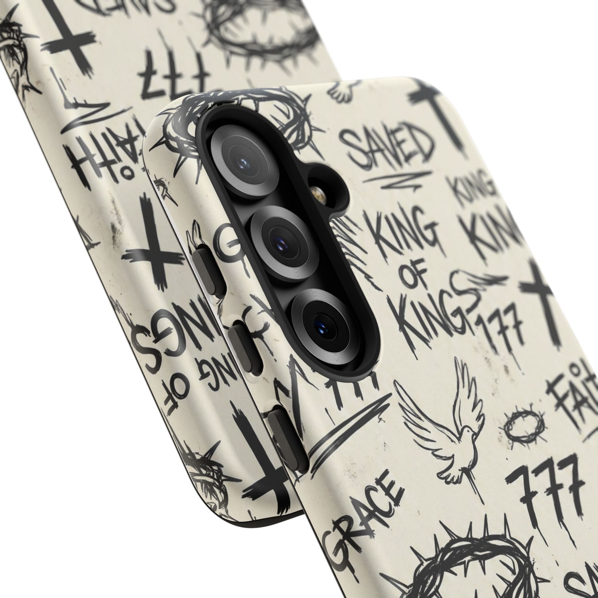Christian Graffiti Phone Case | "Saved" & "King of Kings" Doodle Art, Urban Streetwear Faith Cover, Modern Religious Sketch Design