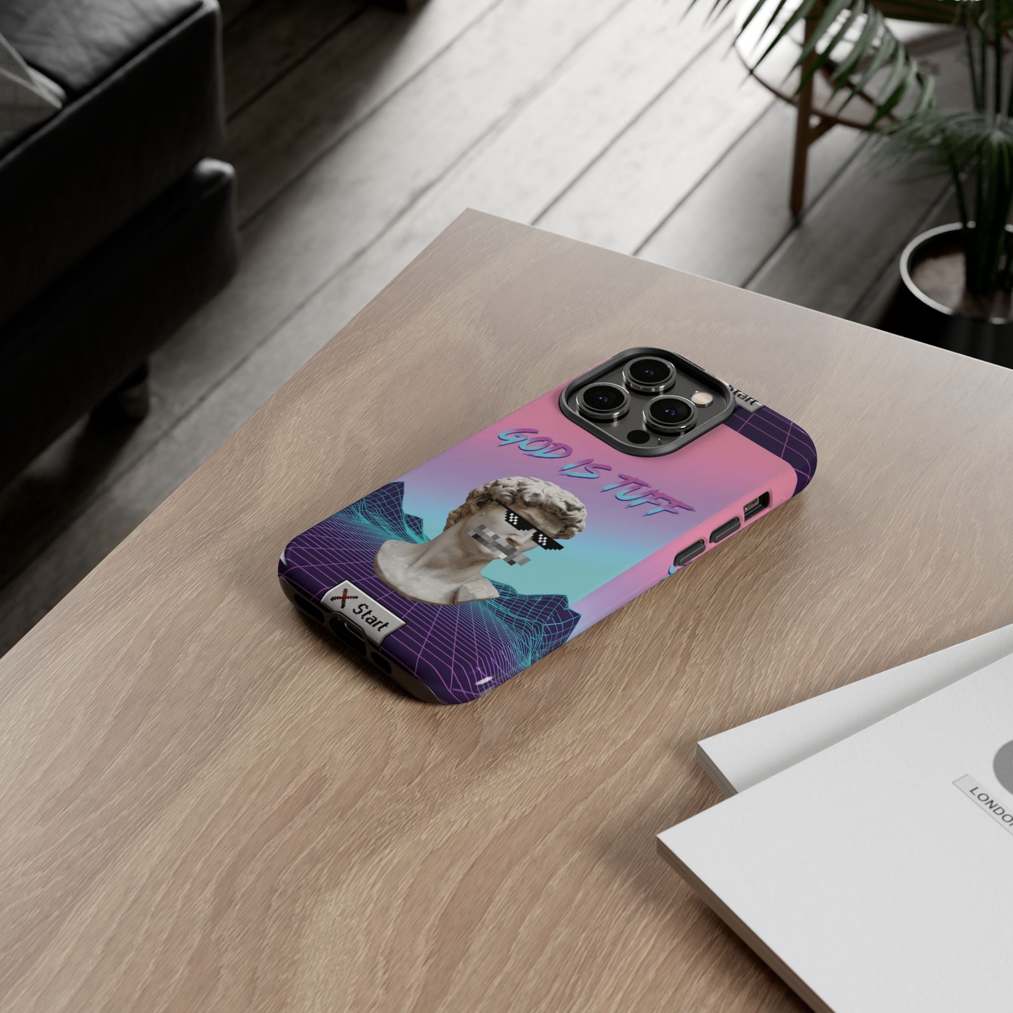 God is Tuff" Vaporwave Christian Phone Case | Aesthetic Statue with Pixel Shades, Retro 80s 90s Synthwave Grid, Gen Z Faith Gift