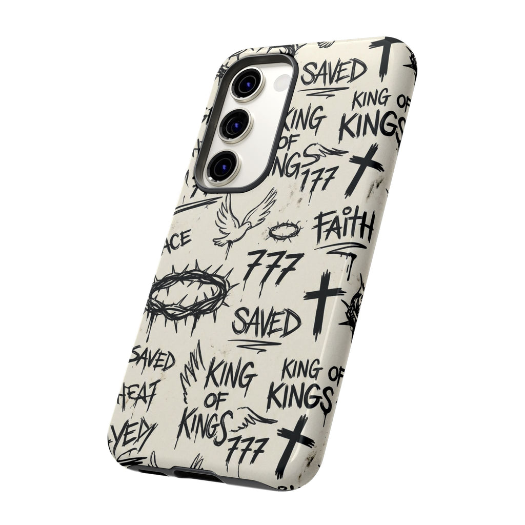 Christian Graffiti Phone Case | "Saved" & "King of Kings" Doodle Art, Urban Streetwear Faith Cover, Modern Religious Sketch Design