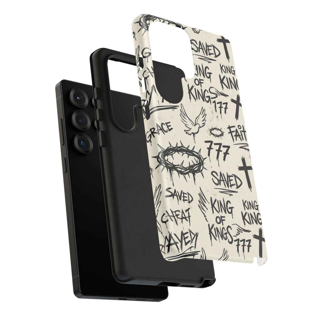 Christian Graffiti Phone Case | "Saved" & "King of Kings" Doodle Art, Urban Streetwear Faith Cover, Modern Religious Sketch Design