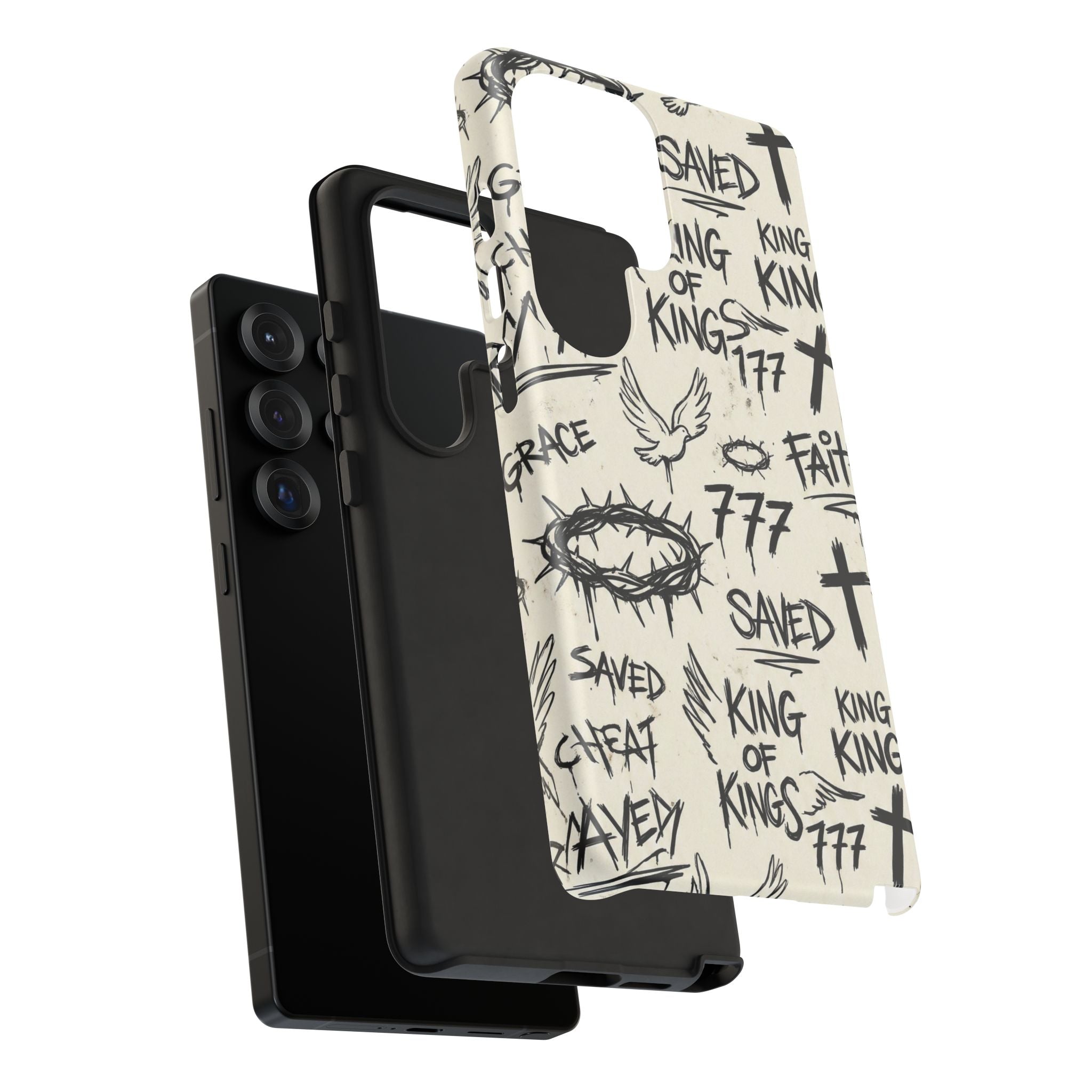 Christian Graffiti Phone Case | "Saved" & "King of Kings" Doodle Art, Urban Streetwear Faith Cover, Modern Religious Sketch Design