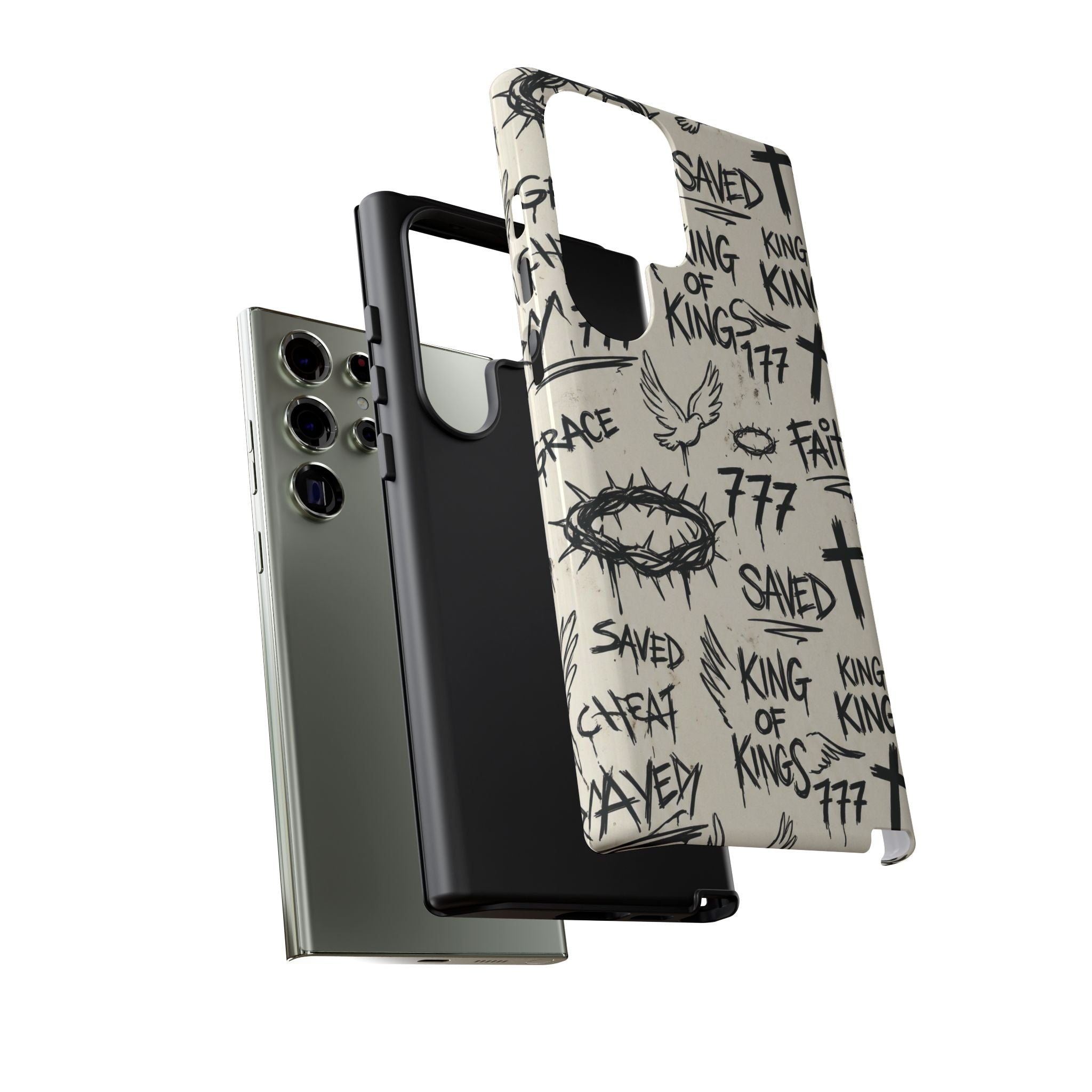 Christian Graffiti Phone Case | "Saved" & "King of Kings" Doodle Art, Urban Streetwear Faith Cover, Modern Religious Sketch Design