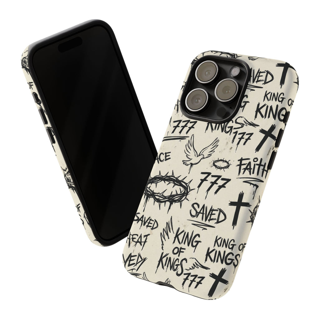 Christian Graffiti Phone Case | "Saved" & "King of Kings" Doodle Art, Urban Streetwear Faith Cover, Modern Religious Sketch Design