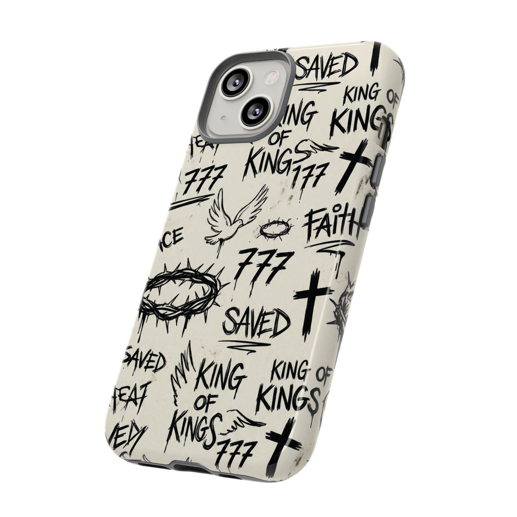 Christian Graffiti Phone Case | "Saved" & "King of Kings" Doodle Art, Urban Streetwear Faith Cover, Modern Religious Sketch Design