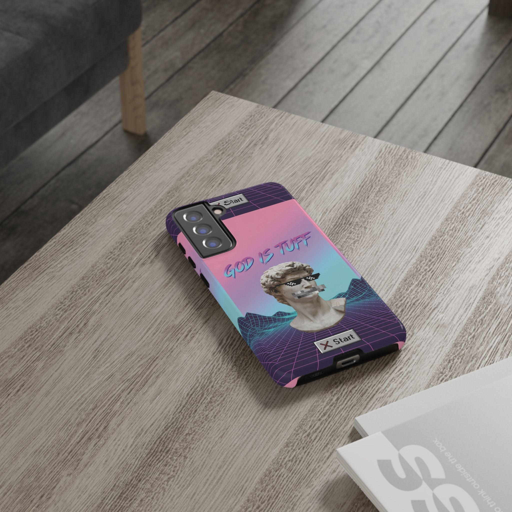 God is Tuff" Vaporwave Christian Phone Case | Aesthetic Statue with Pixel Shades, Retro 80s 90s Synthwave Grid, Gen Z Faith Gift