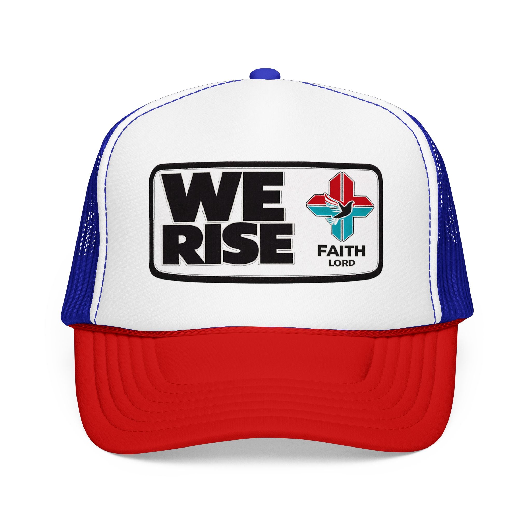 Christian Trucker Hat, We Rise Foam Hat, Retro Soccer Fan Cap, Faith Patch Hat, Stadium Style Christian Cap