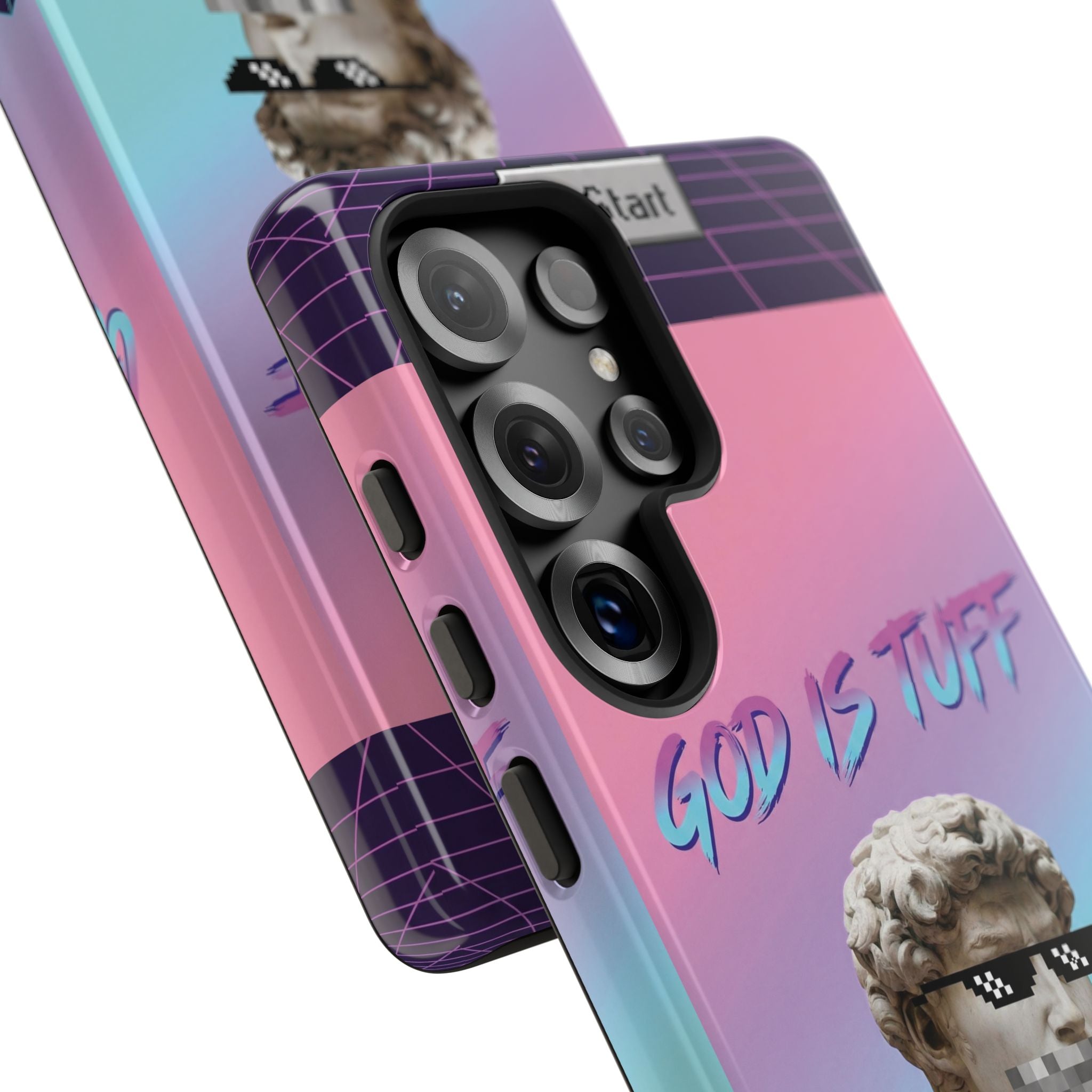 God is Tuff" Vaporwave Christian Phone Case | Aesthetic Statue with Pixel Shades, Retro 80s 90s Synthwave Grid, Gen Z Faith Gift