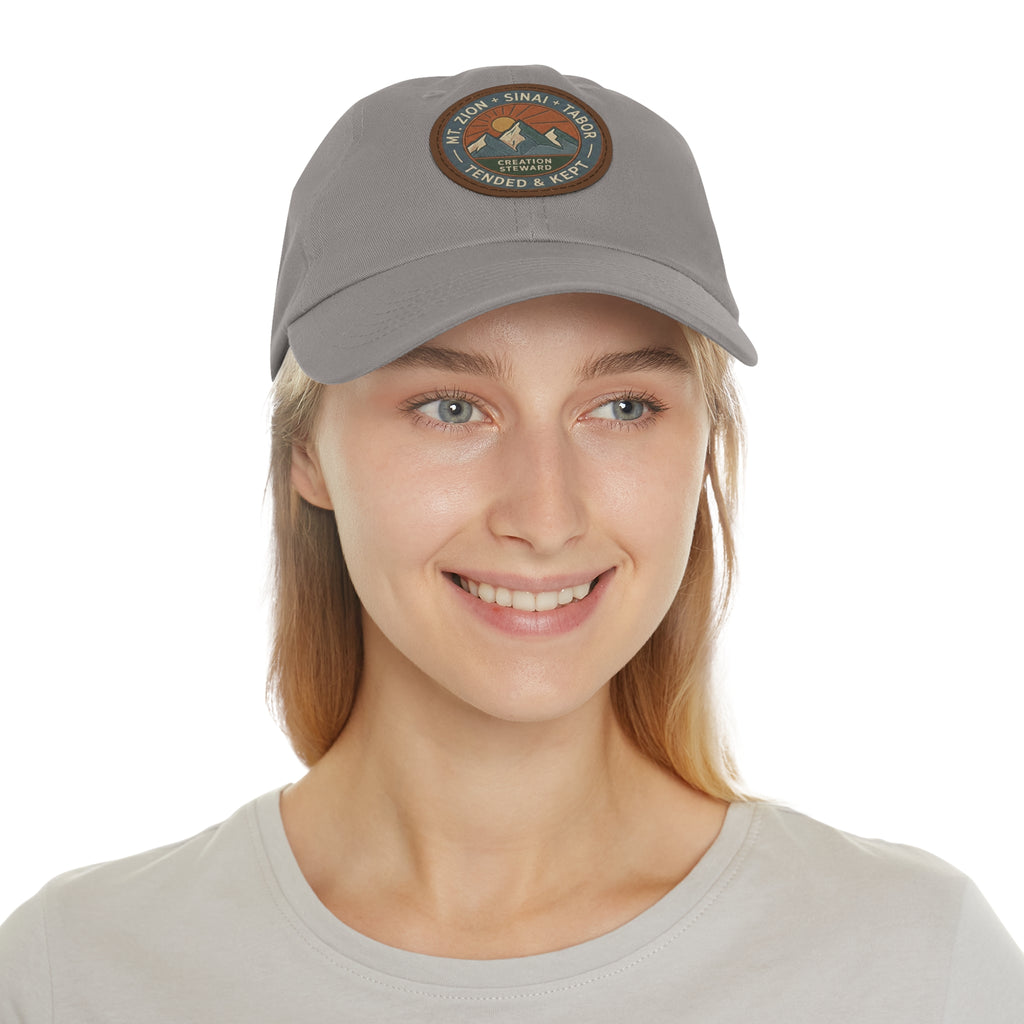 Leather Patch Dad Hat, Christian Mountain Cap, Genesis 2 15 Tended and Kept, Creation Care Outdoor Hat, Gift For Him
