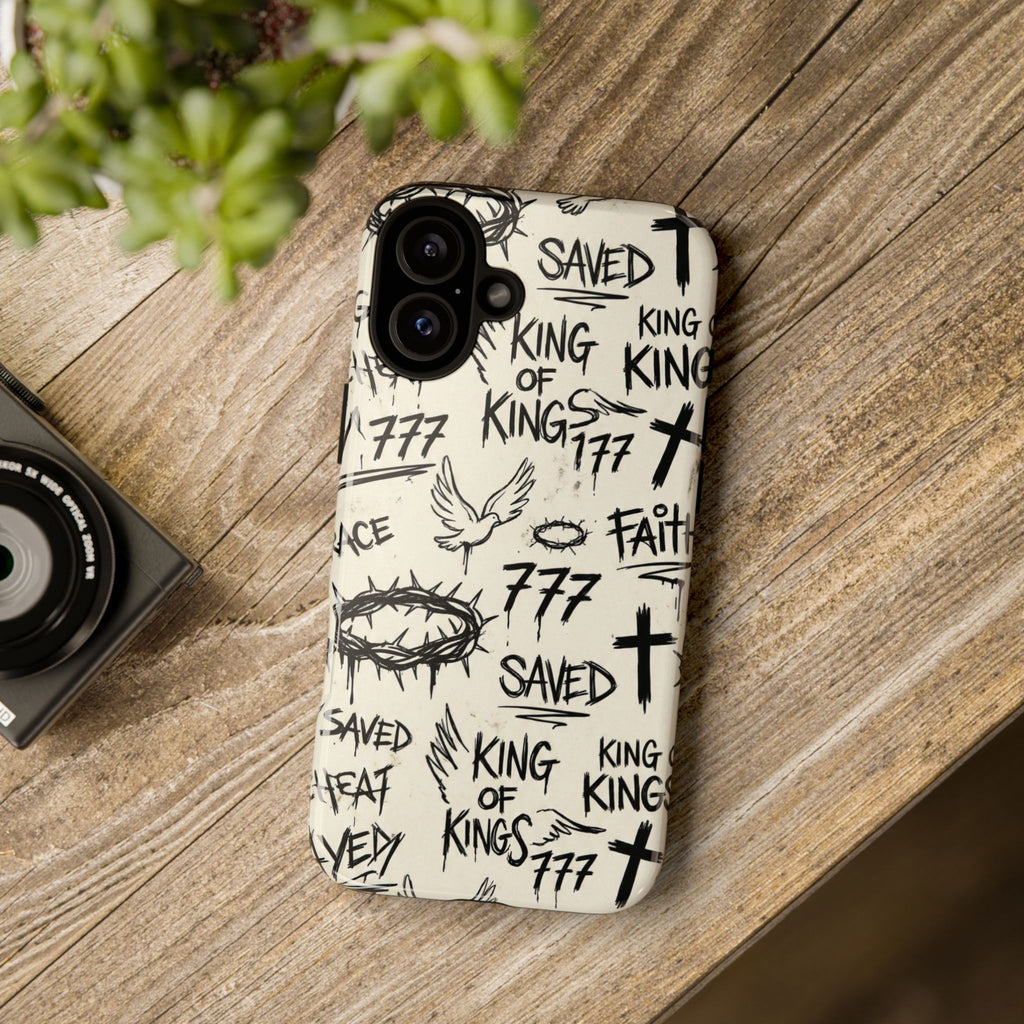 Christian Graffiti Phone Case | "Saved" & "King of Kings" Doodle Art, Urban Streetwear Faith Cover, Modern Religious Sketch Design