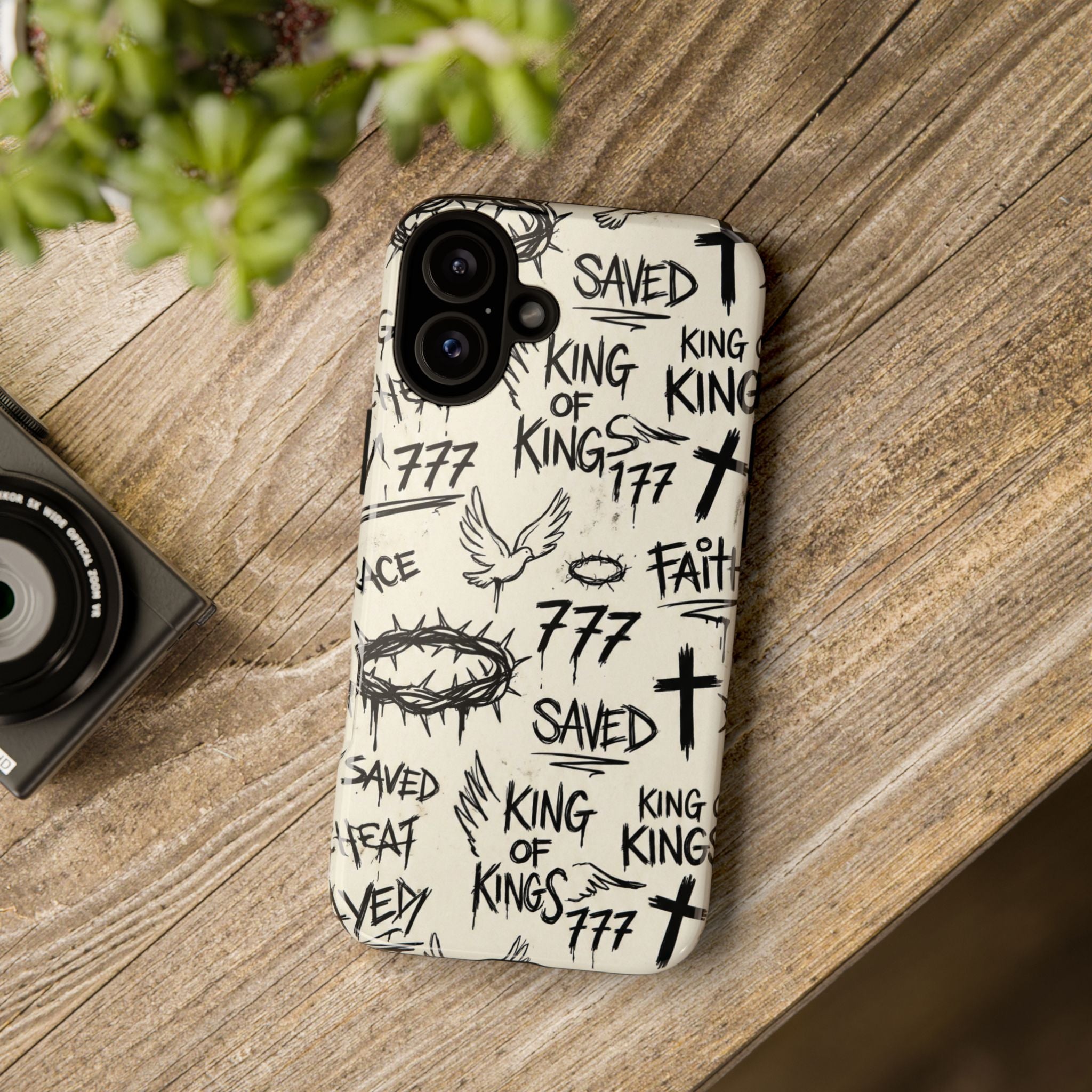 Christian Graffiti Phone Case | "Saved" & "King of Kings" Doodle Art, Urban Streetwear Faith Cover, Modern Religious Sketch Design
