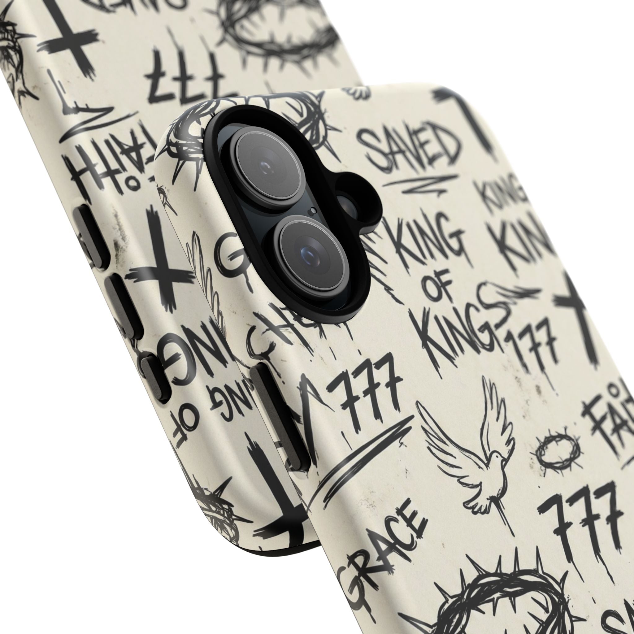 Christian Graffiti Phone Case | "Saved" & "King of Kings" Doodle Art, Urban Streetwear Faith Cover, Modern Religious Sketch Design