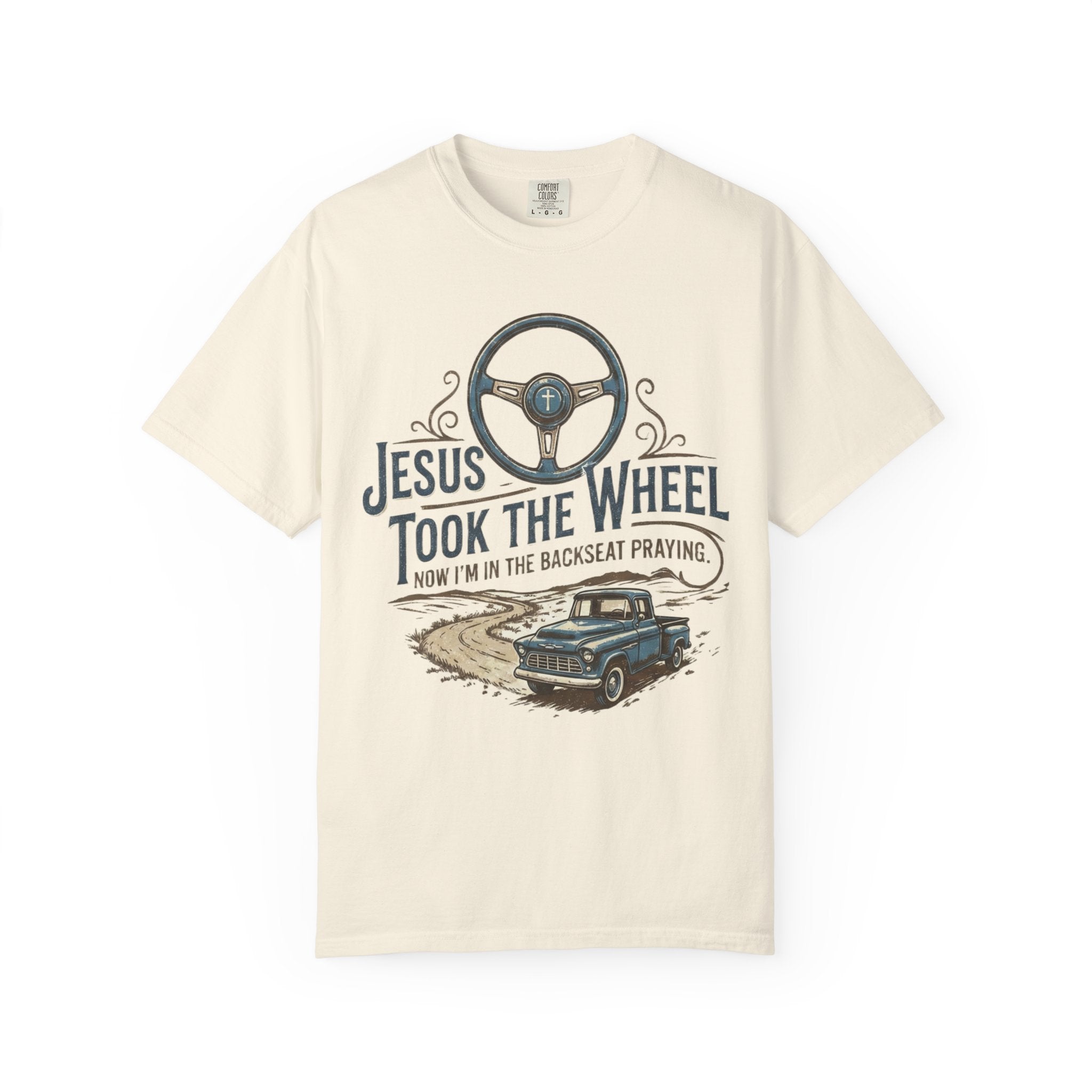 Jesus Took the Wheel steering wheel and vintage truck T-shirt | Christian faith shirt