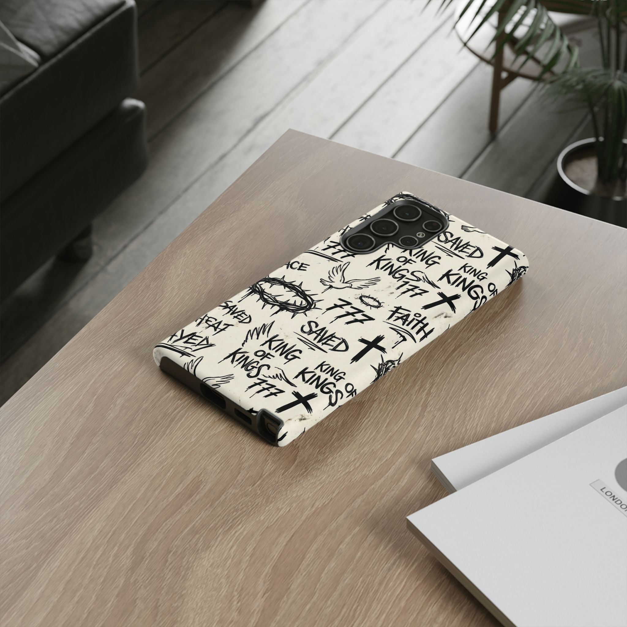 Christian Graffiti Phone Case | "Saved" & "King of Kings" Doodle Art, Urban Streetwear Faith Cover, Modern Religious Sketch Design