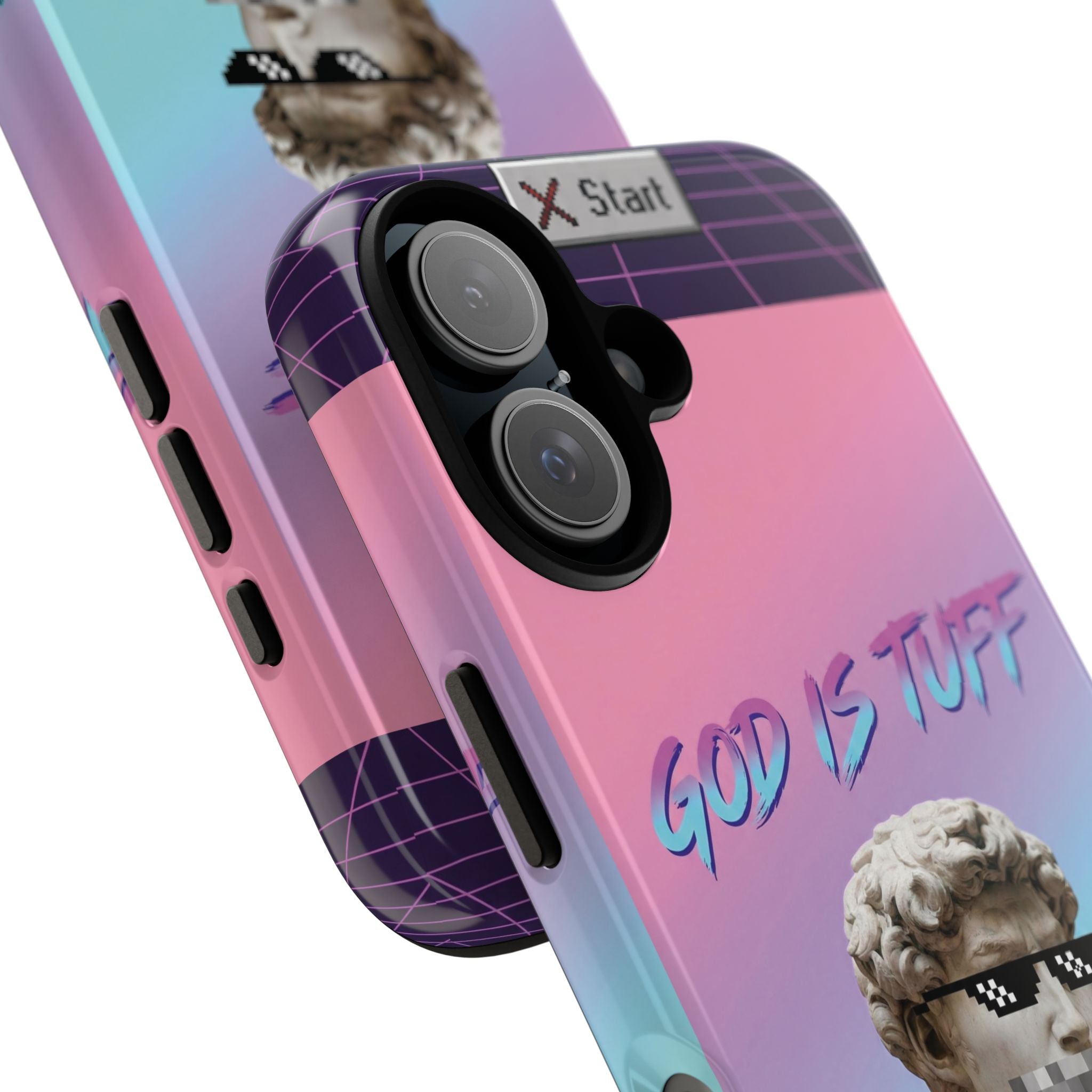God is Tuff" Vaporwave Christian Phone Case | Aesthetic Statue with Pixel Shades, Retro 80s 90s Synthwave Grid, Gen Z Faith Gift