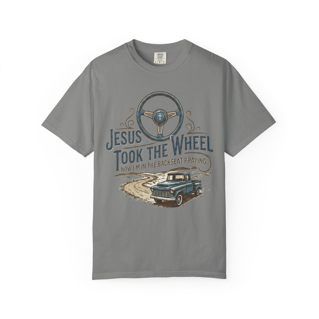 Jesus Took the Wheel steering wheel and vintage truck T-shirt | Christian faith shirt