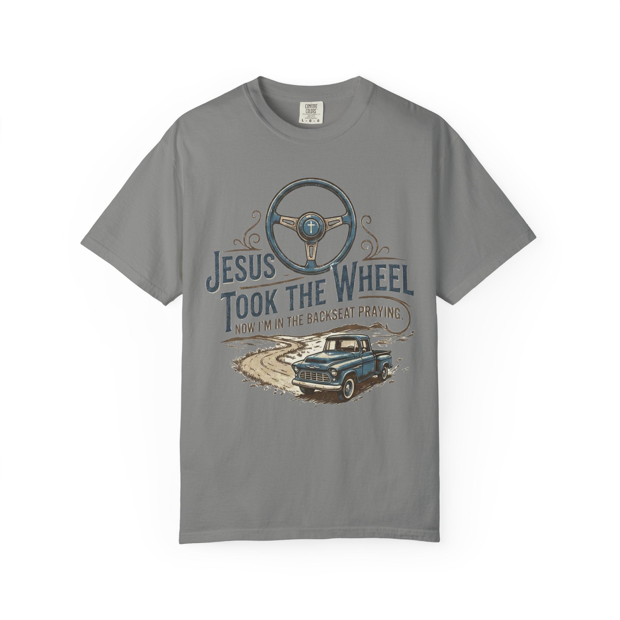 Jesus Took the Wheel steering wheel and vintage truck T-shirt | Christian faith shirt