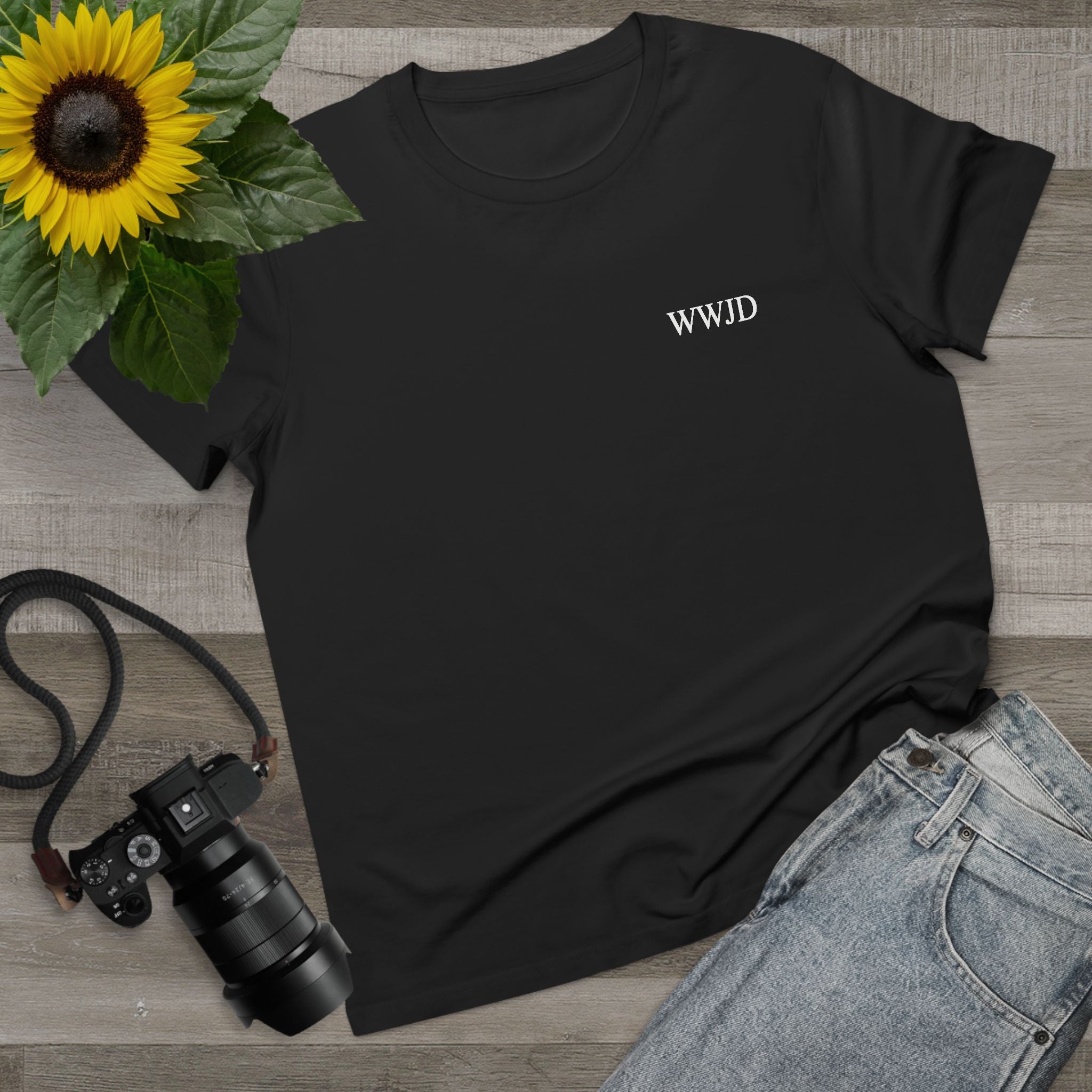 WWJD chest print T-Shirt | 1 John 2:6 scripture back