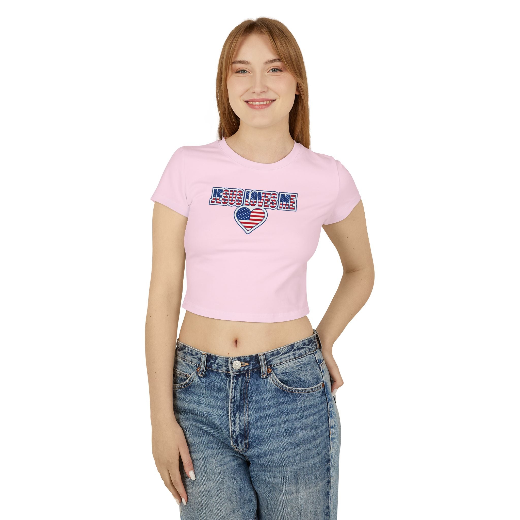 Jesus Loves Me Baby Tee, Patriotic Christian Crop Top, American Flag Heart Faith Shirt