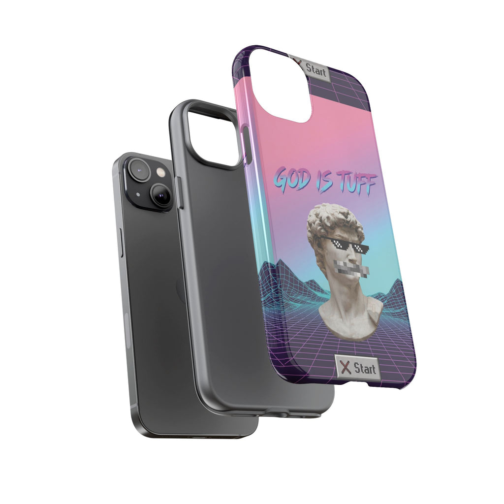 God is Tuff" Vaporwave Christian Phone Case | Aesthetic Statue with Pixel Shades, Retro 80s 90s Synthwave Grid, Gen Z Faith Gift