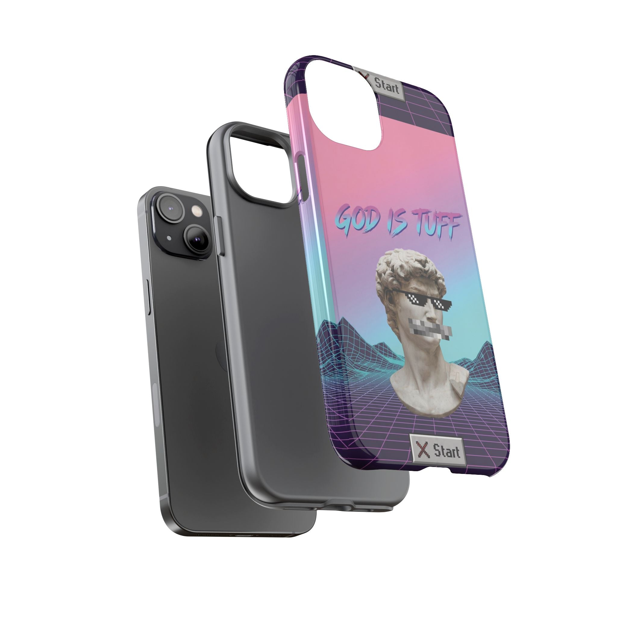 God is Tuff" Vaporwave Christian Phone Case | Aesthetic Statue with Pixel Shades, Retro 80s 90s Synthwave Grid, Gen Z Faith Gift