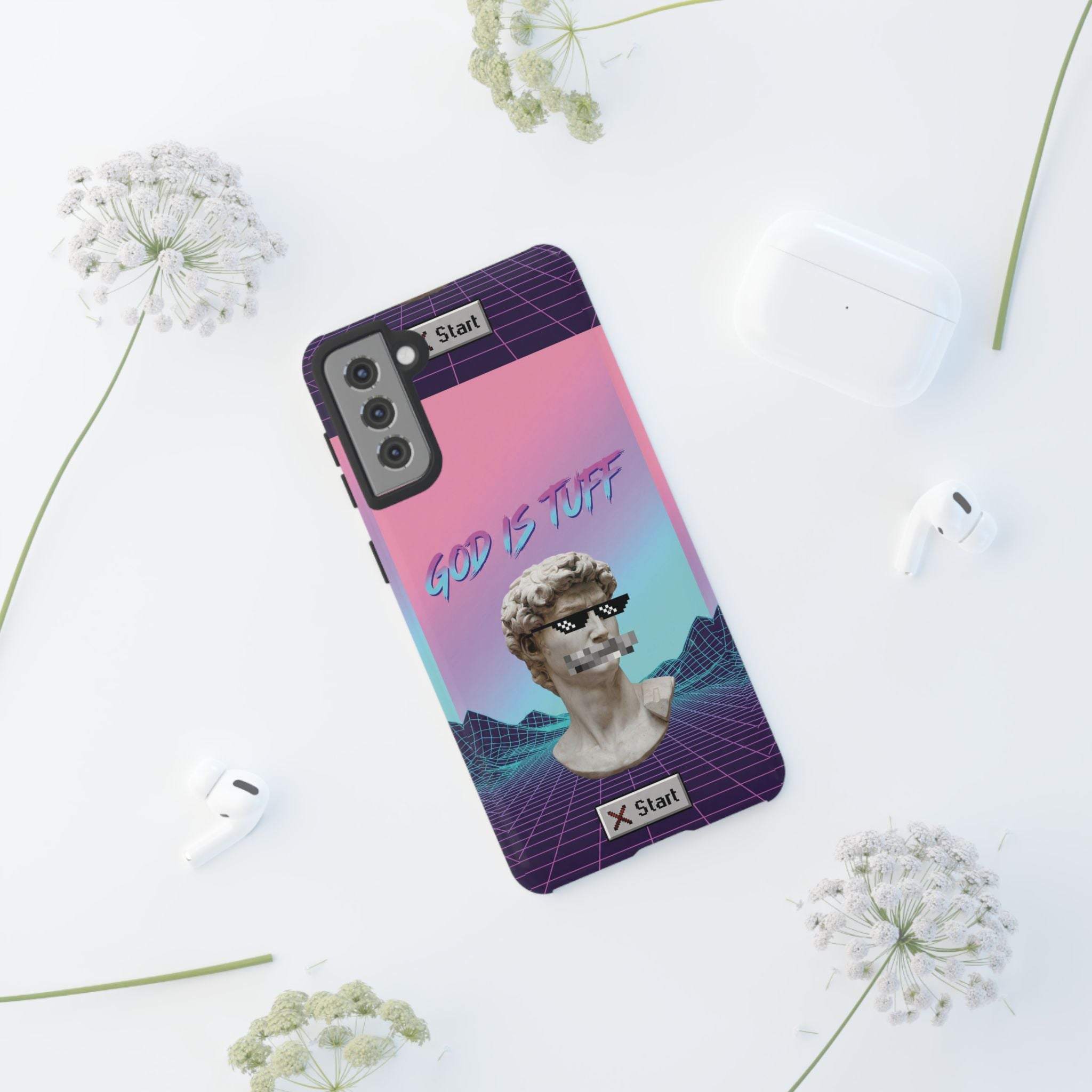 God is Tuff" Vaporwave Christian Phone Case | Aesthetic Statue with Pixel Shades, Retro 80s 90s Synthwave Grid, Gen Z Faith Gift
