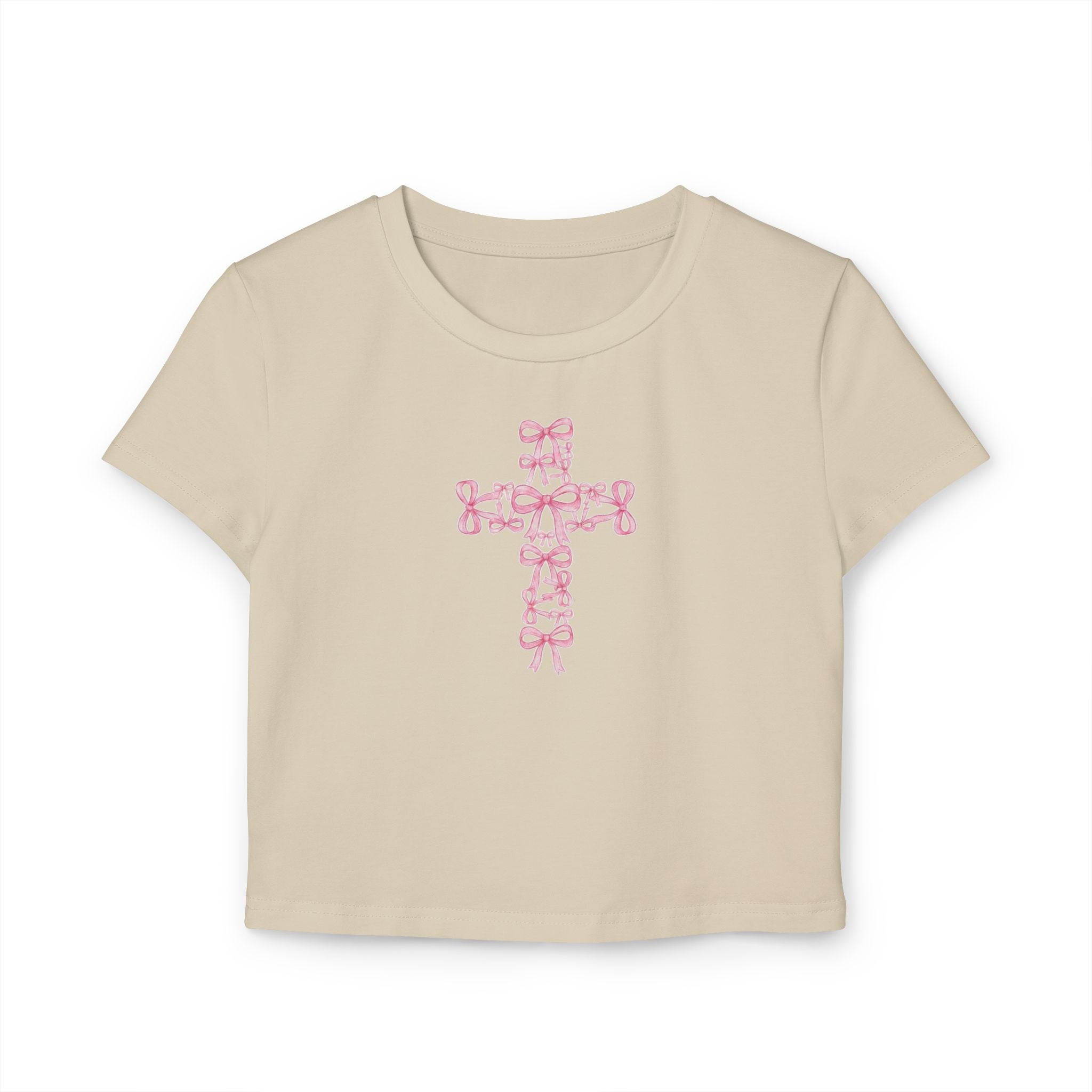 Pink Ribbon Cross Women's Baby Tee | Floral Bow Cross Shirt