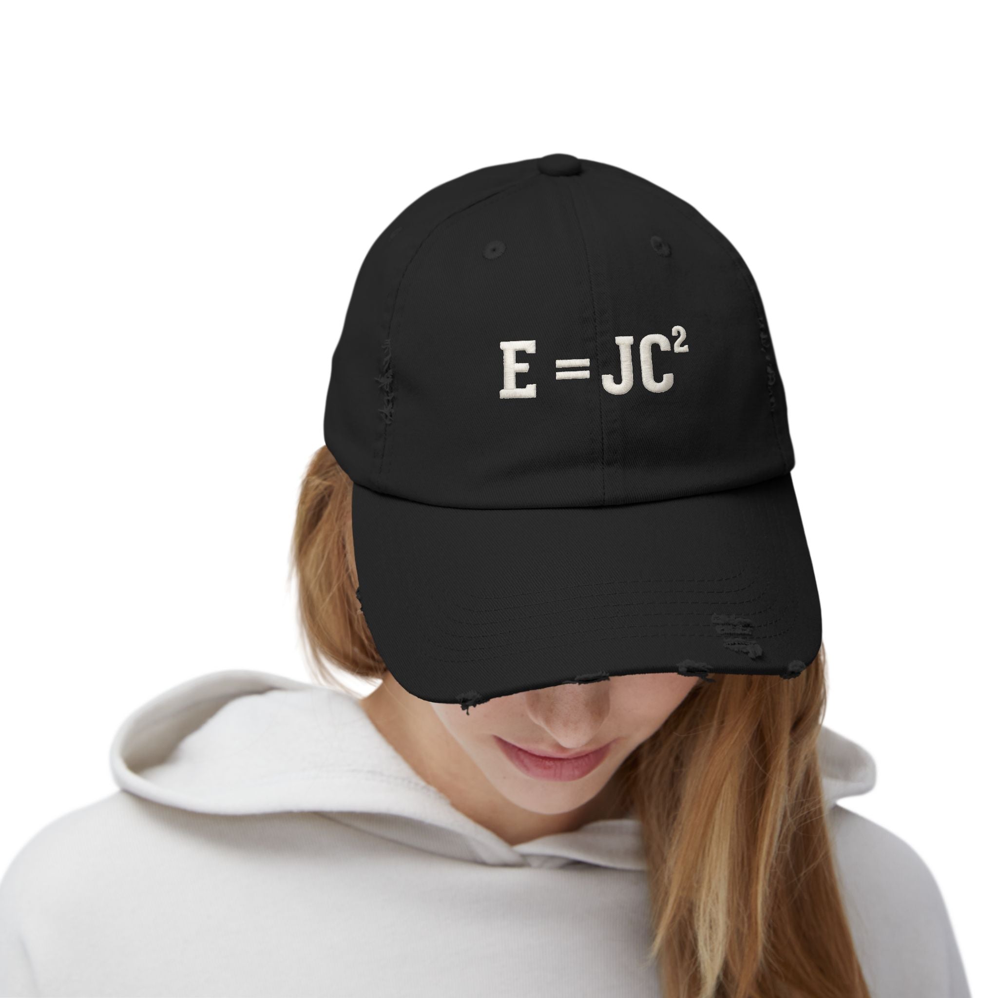 E=JC Cap | Distressed Baseball Hat, Science Equation Embroidered
